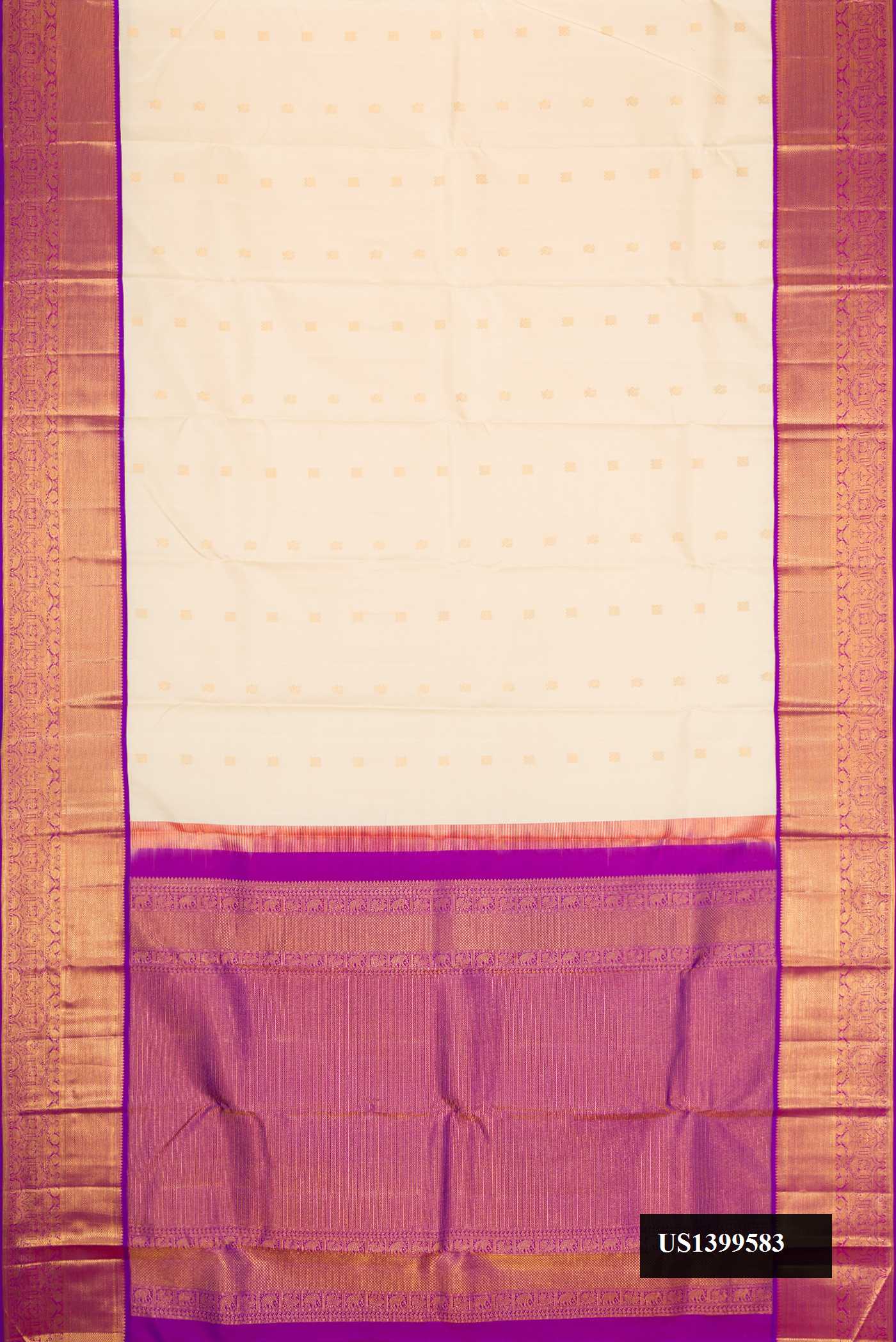 Sandal Dual Tone Kanchipuram Silk Saree with Zari Butta on the body and Zari Border.  displayed on a mannequin