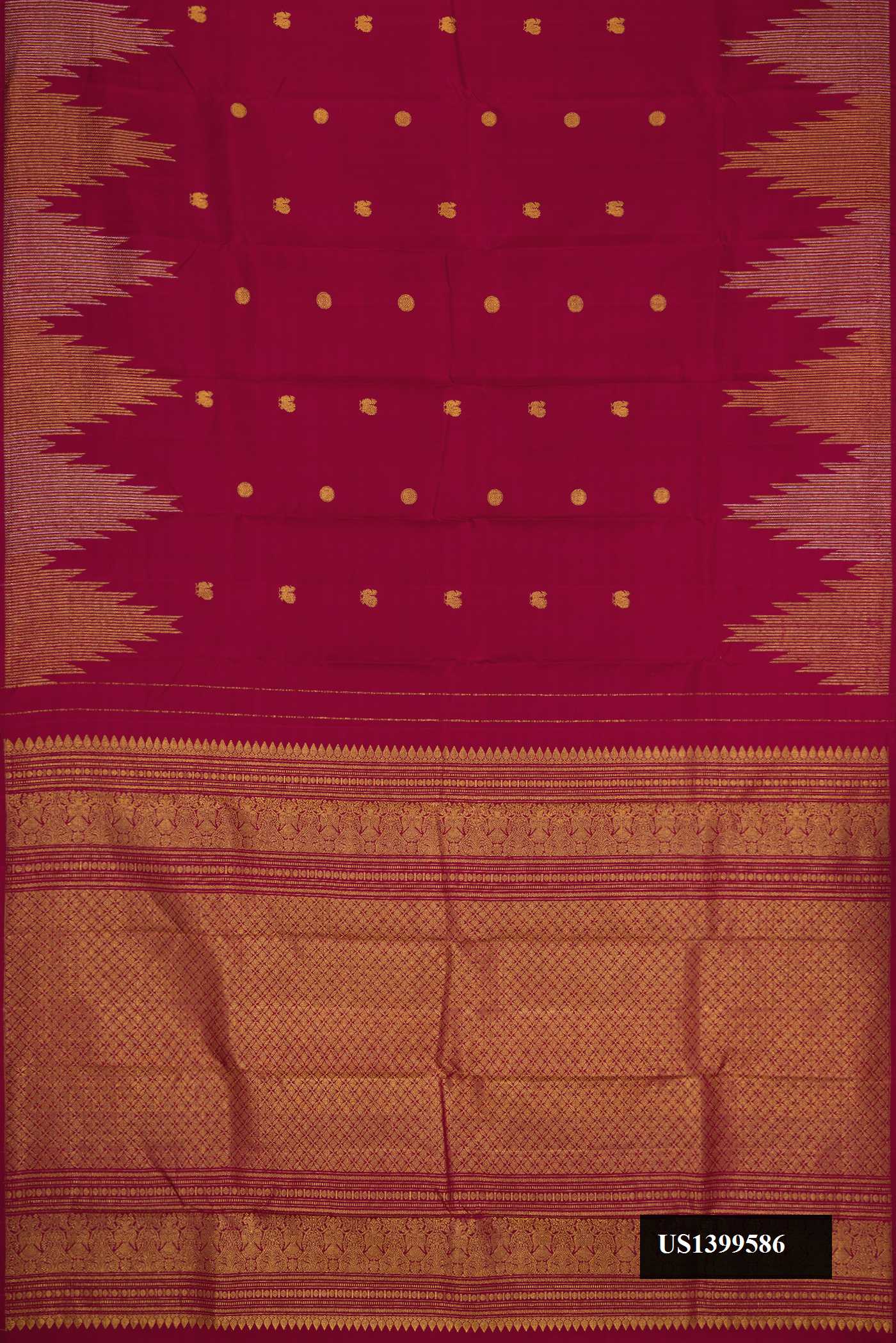 Maroon Dual Tone Kanchipuram Silk Saree with Zari Butta on the body and Temple Border.  displayed on a mannequin