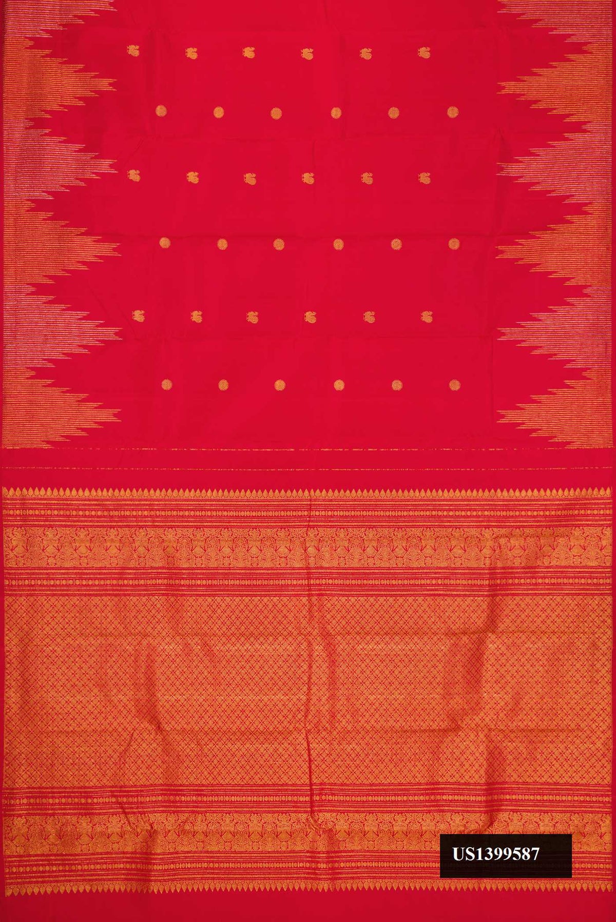 Red Dual Tone Kanchipuram Silk Saree with Zari Butta on the body and Fancy Border.  displayed on a mannequin