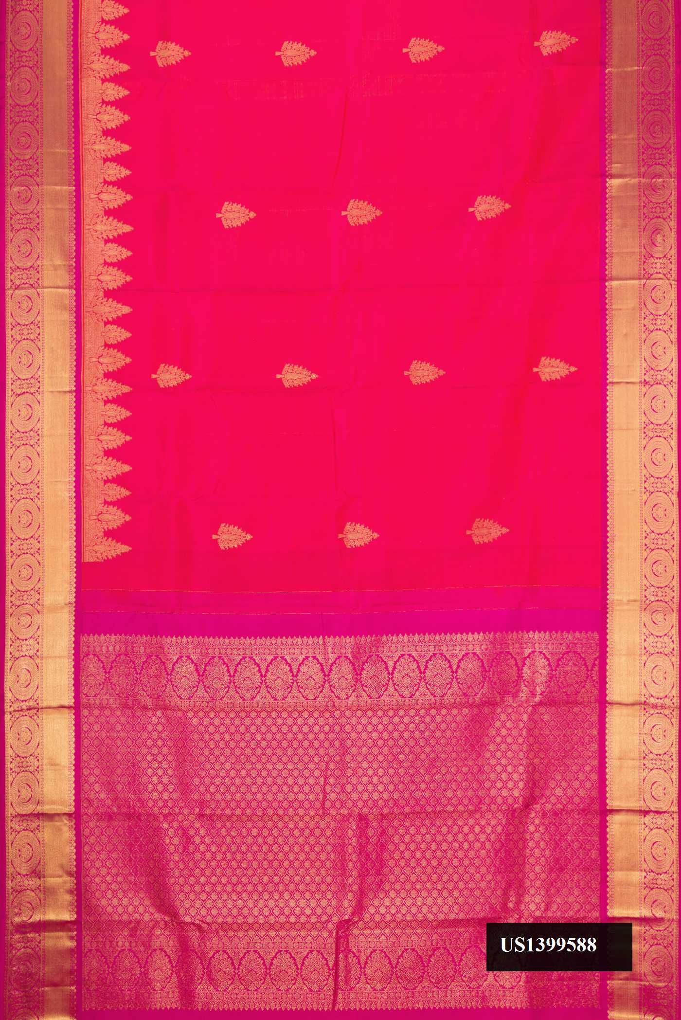 Coral Dual Tone Kanchipuram Silk Saree with Zari Butta on the body and Zari Border.  displayed on a mannequin