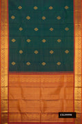 Green Dual Tone Kanchipuram Silk Saree with Stripes on the body and Zari Border.  displayed on a mannequin