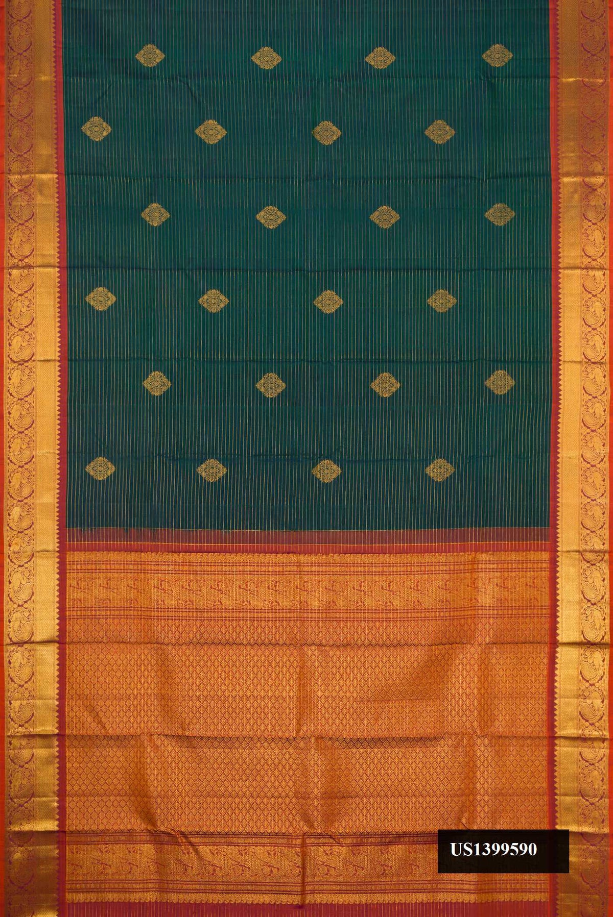 Green Dual Tone Kanchipuram Silk Saree with Stripes on the body and Zari Border.  displayed on a mannequin