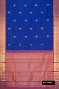 Royal Blue Dual Tone Kanchipuram Silk Saree with Stripes on the body and Zari Border.  displayed on a mannequin
