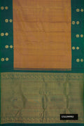 Mehandi Green Dual Tone Kanchipuram Silk Saree with Stripes on the body and Fancy Border.  displayed on a mannequin