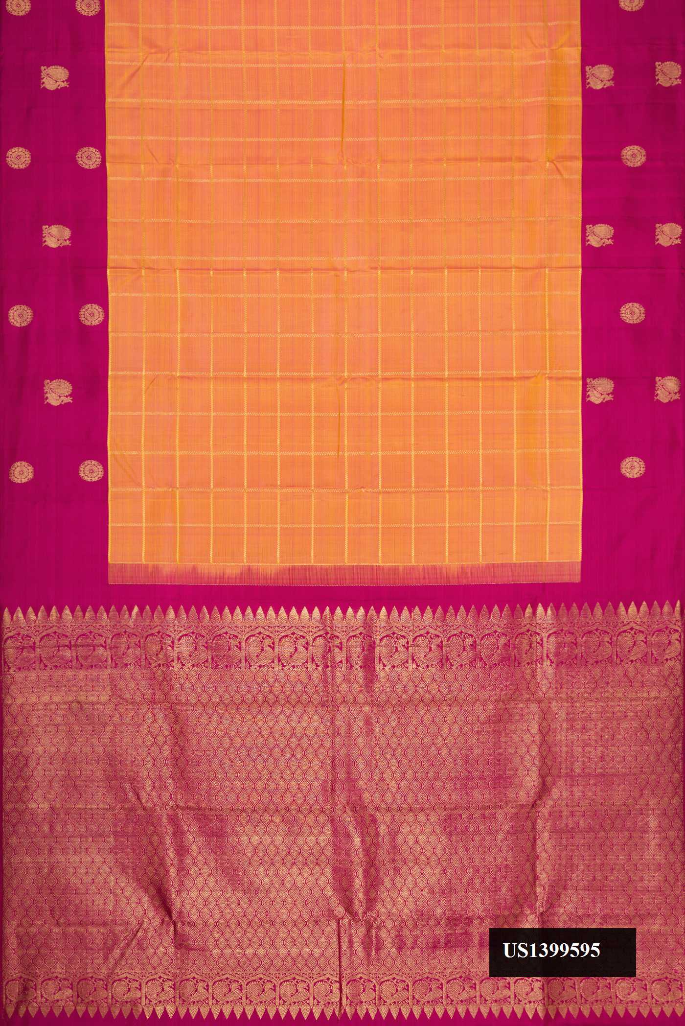 Mustard Dual Tone Kanchipuram Silk Saree with Checked design on the body and Fancy Border.  displayed on a mannequin