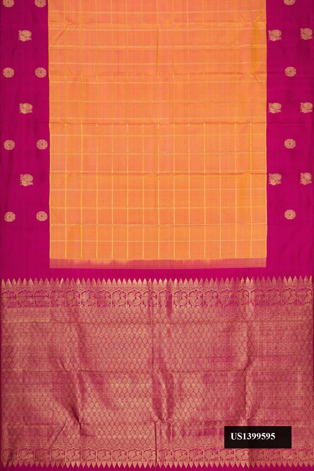 Mustard Dual Tone Kanchipuram Silk Saree with Checked design on the body and Fancy Border.  displayed on a mannequin