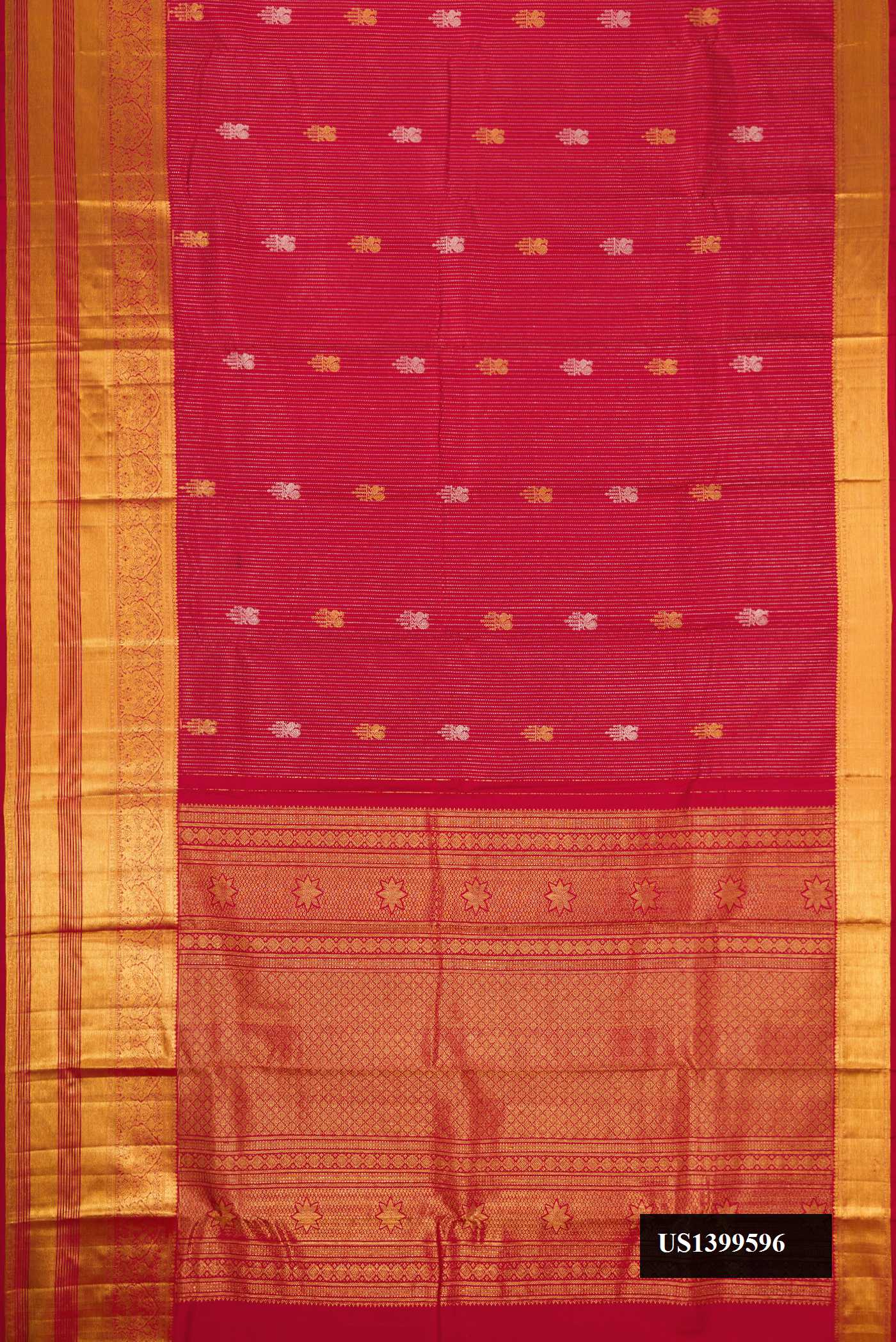 Maroon Dual Tone Kanchipuram Silk Saree with Stripes on the body and Zari Border.  displayed on a mannequin