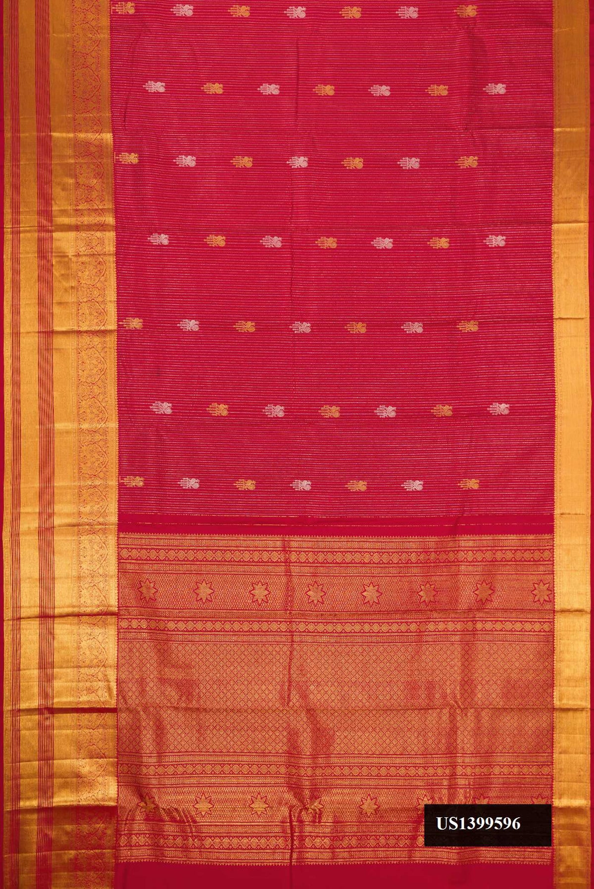 Maroon Dual Tone Kanchipuram Silk Saree with Stripes on the body and Zari Border.  displayed on a mannequin