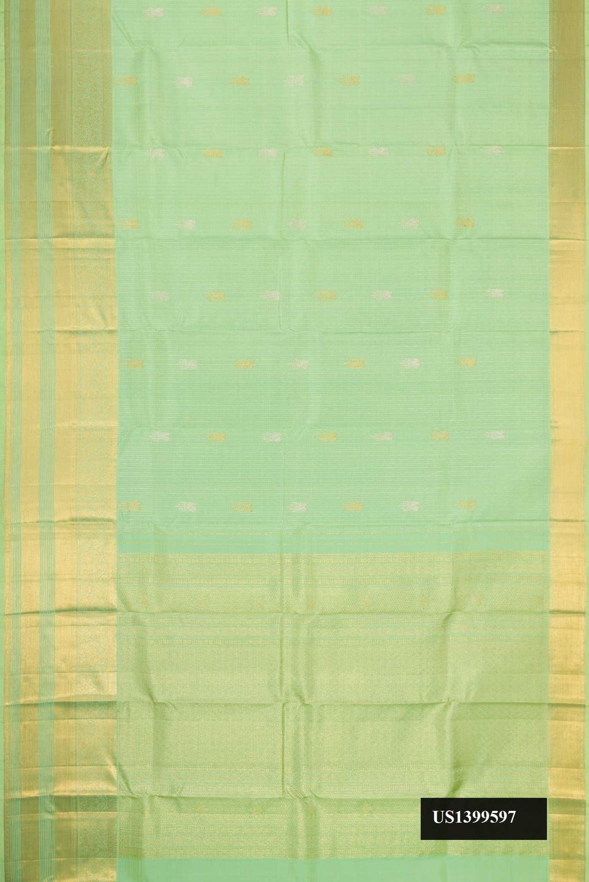 Pista Green Dual Tone Kanchipuram Silk Saree with Stripes on the body and Zari Border.  displayed on a mannequin