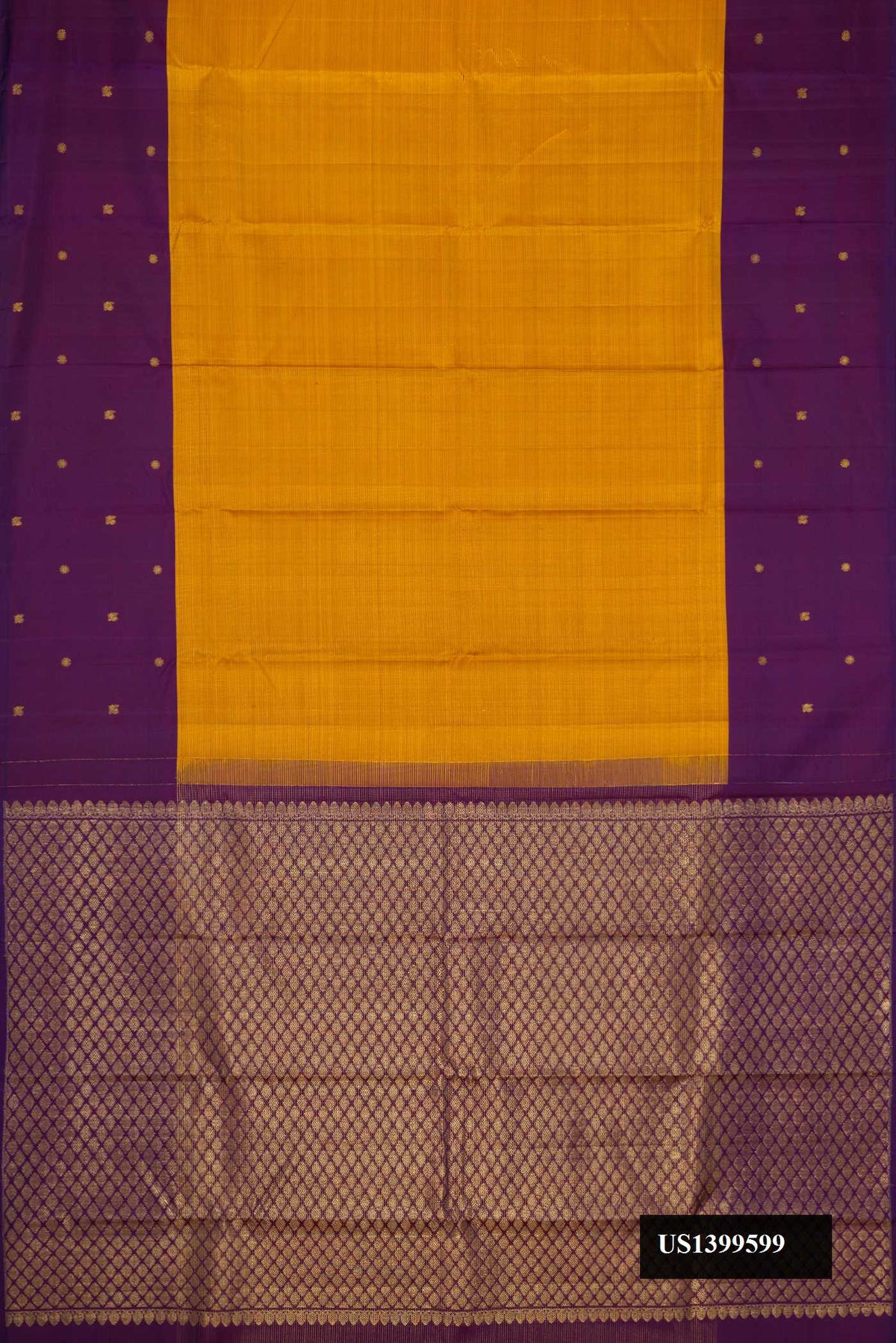 Mustard Dual Tone Kanchipuram Silk Saree with Zari Butta on the body and Zari Border.  displayed on a mannequin