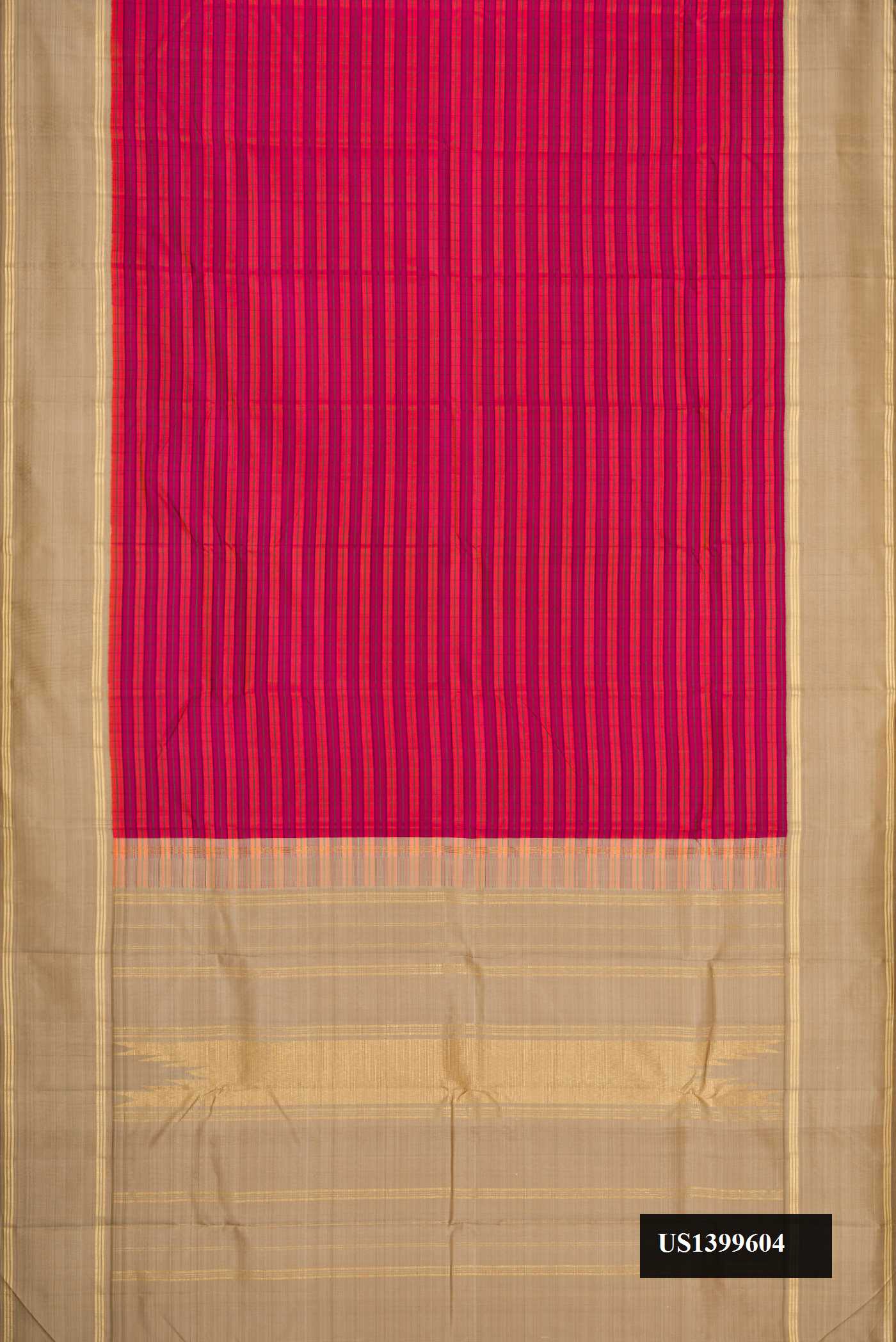 Orange and Magenta Dual Tone Kanchipuram Silk Saree with Stripes on the body and Zari Border.  displayed on a mannequin