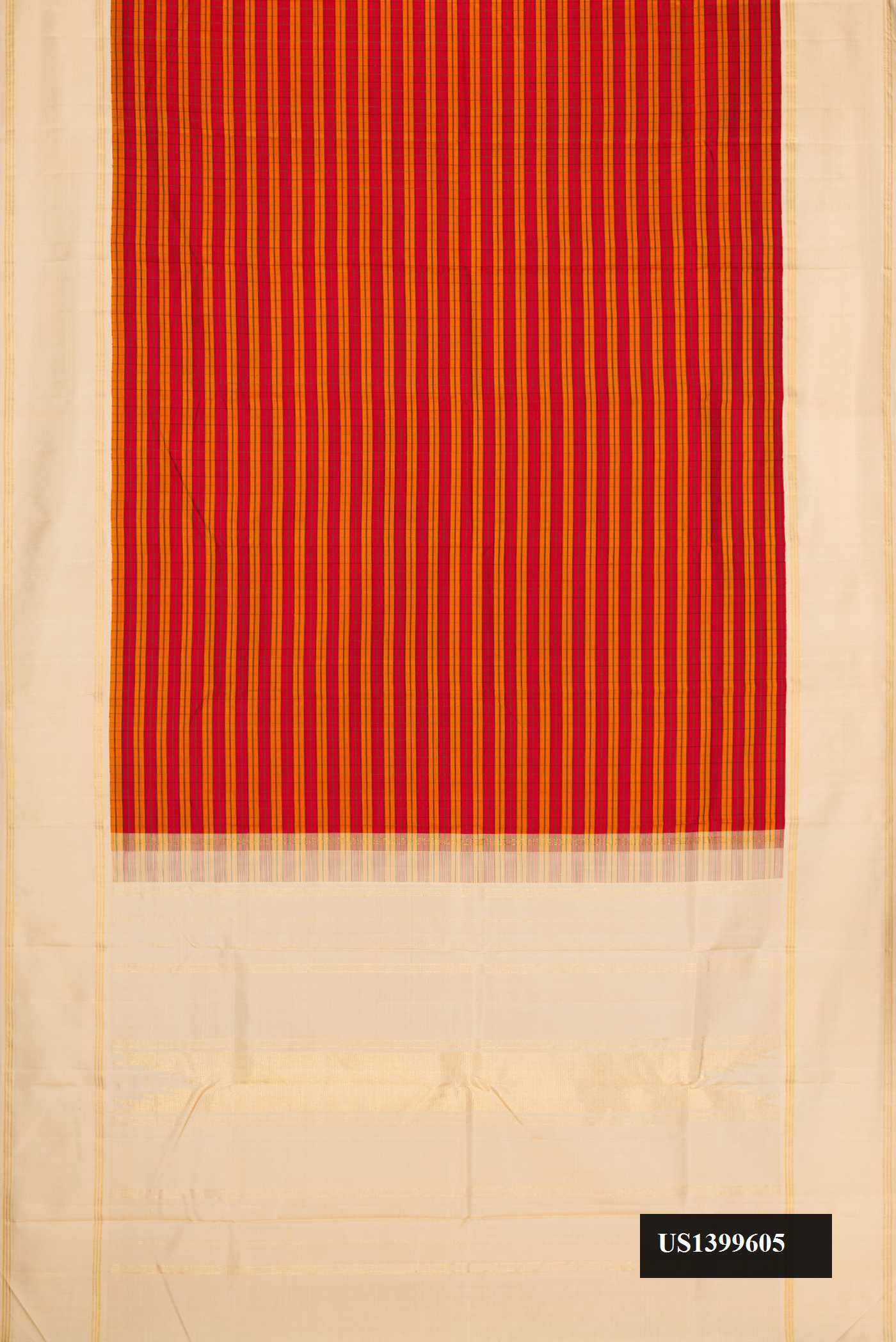 Maroon and Mustard Dual Tone Kanchipuram Silk Saree with Stripes on the body and Zari Border.  displayed on a mannequin