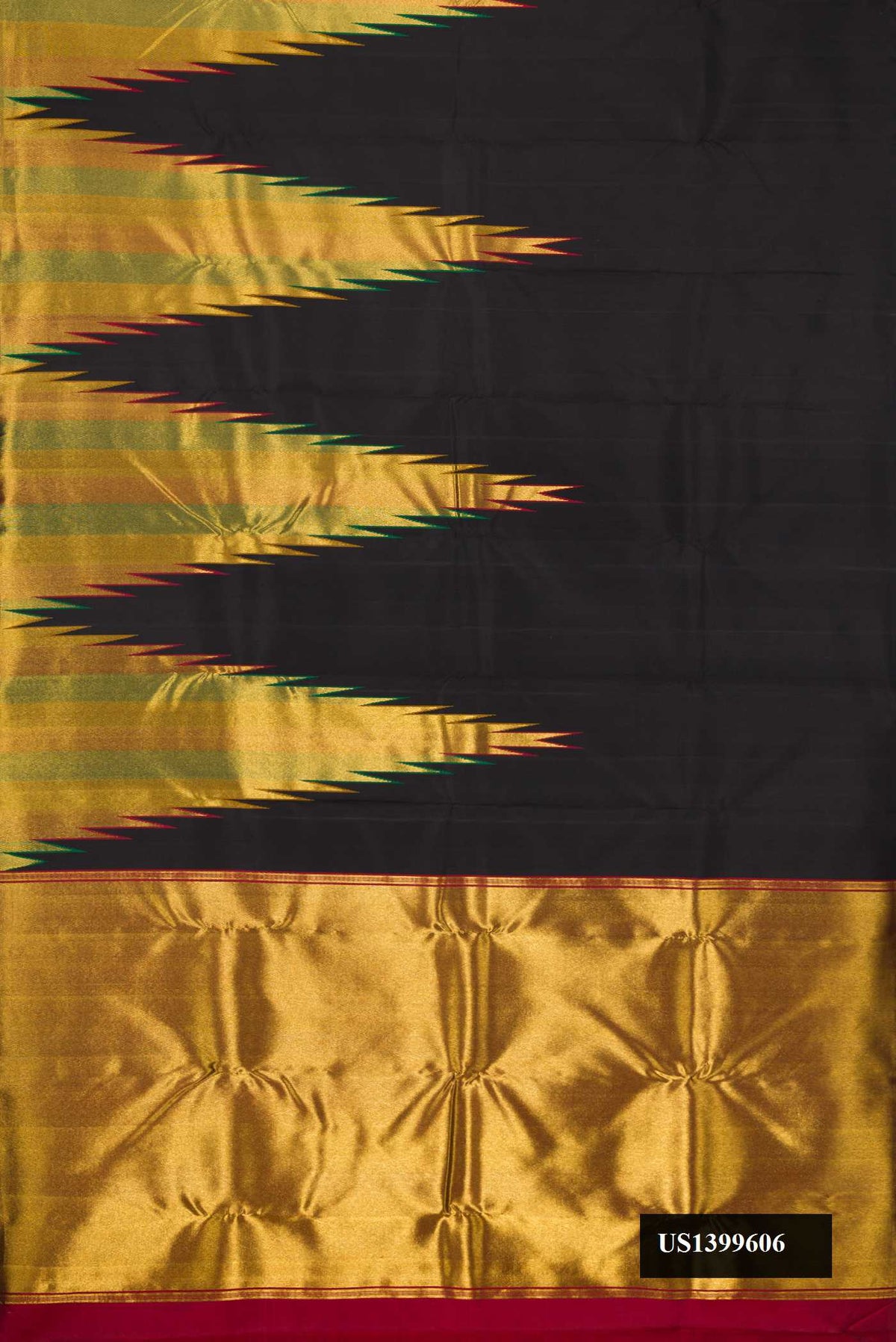 Black Dual Tone Kanchipuram Silk Saree with Plain Body and Temple Border.  displayed on a mannequin