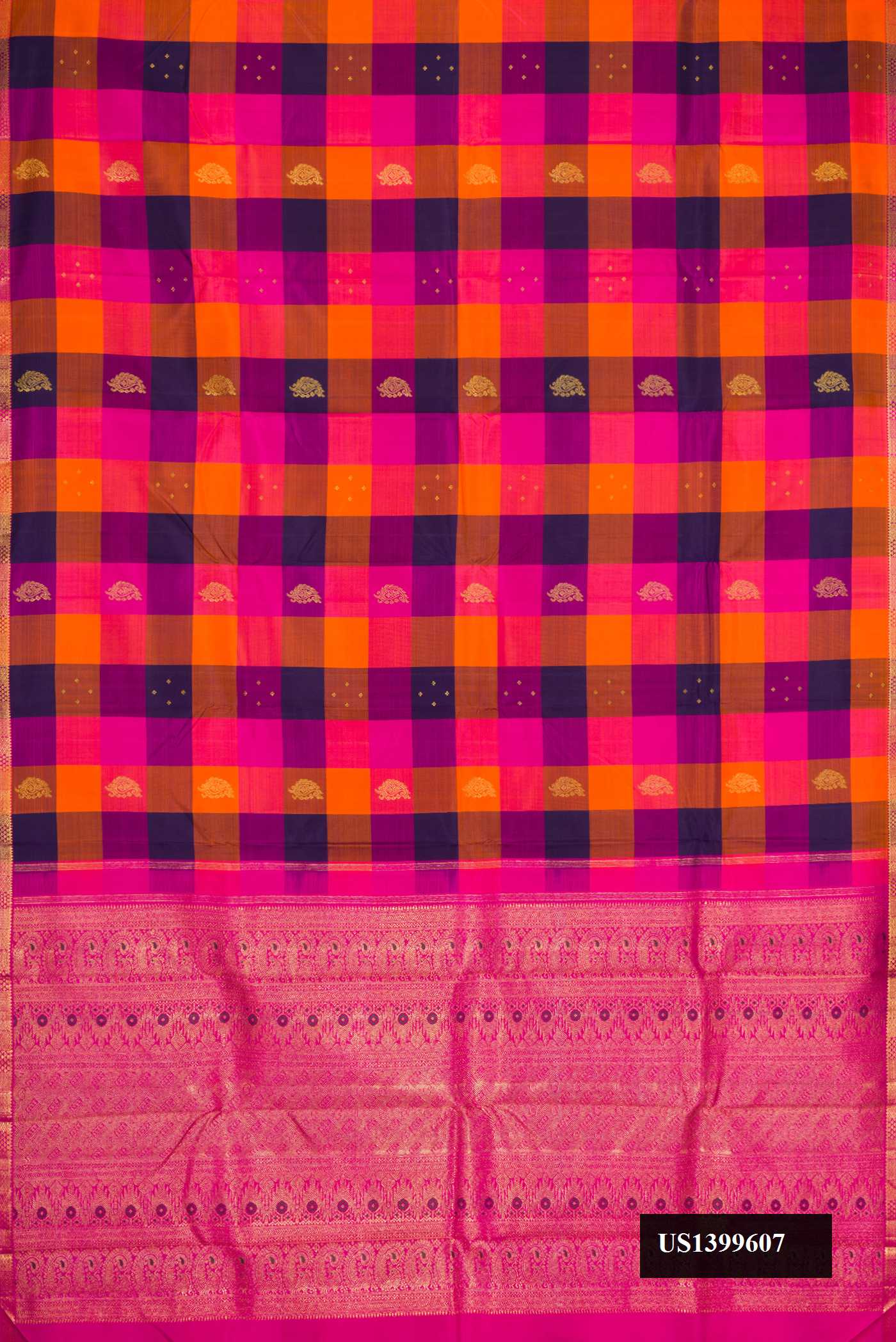 Pink, Orange and Purple Dual Tone Kanchipuram Silk Saree with Checked design on the body and Fancy Border.  displayed on a mannequin