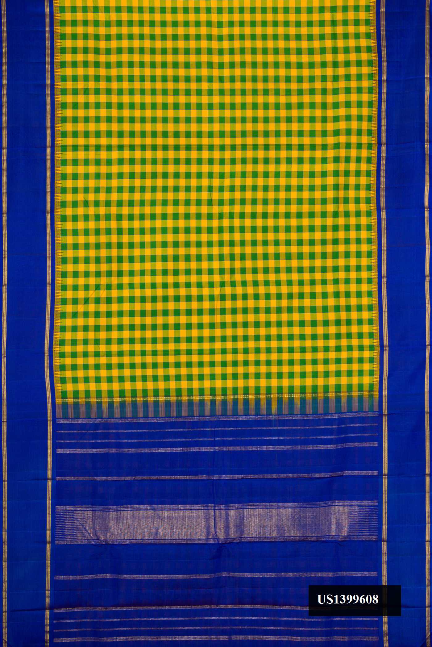 Parrot Green and Yellow Dual Tone Kanchipuram Silk Saree with Checked design on the body and Zari Border.  displayed on a mannequin