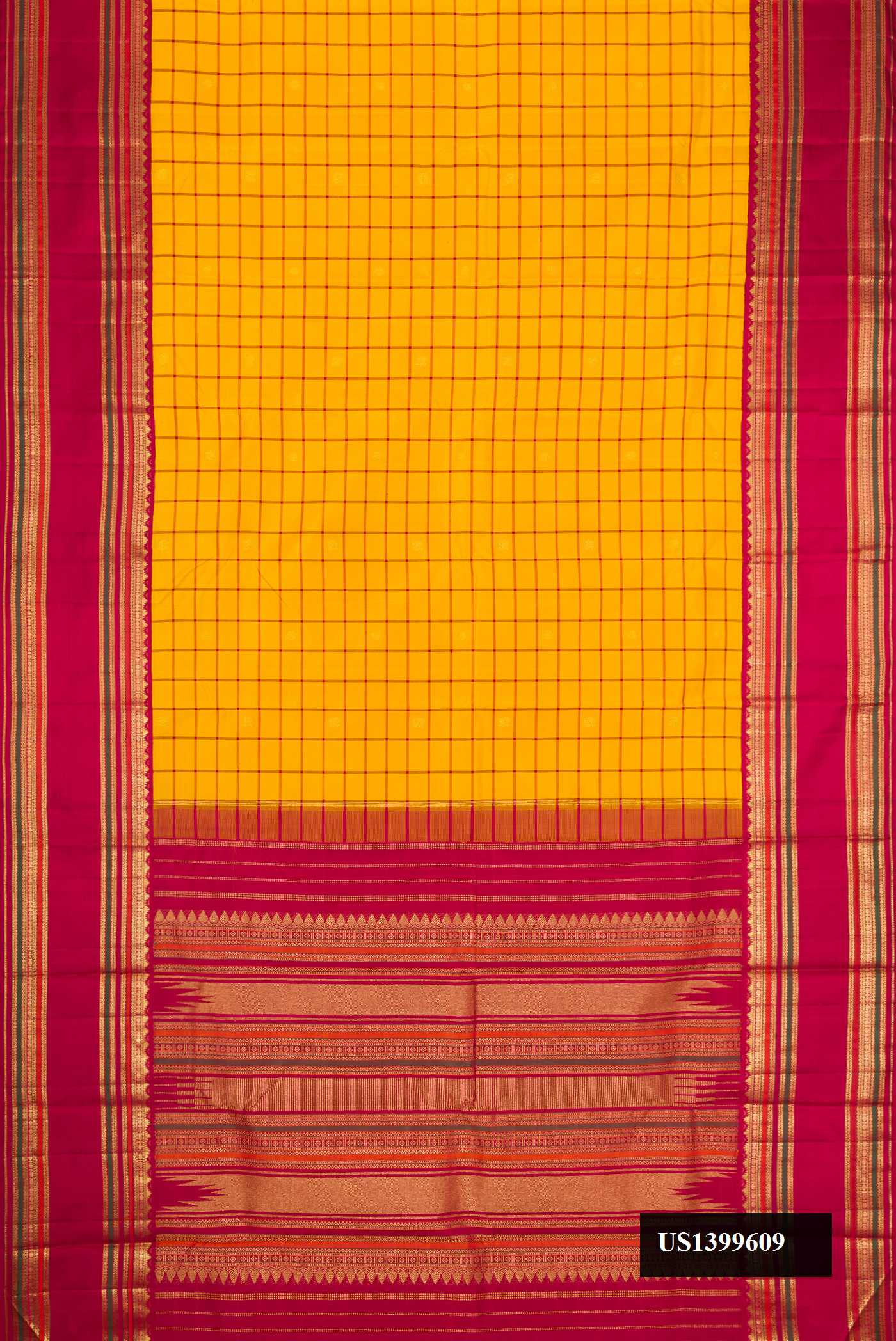 Mustard Dual Tone Kanchipuram Silk Saree with Checked design on the body and Zari Border.  displayed on a mannequin