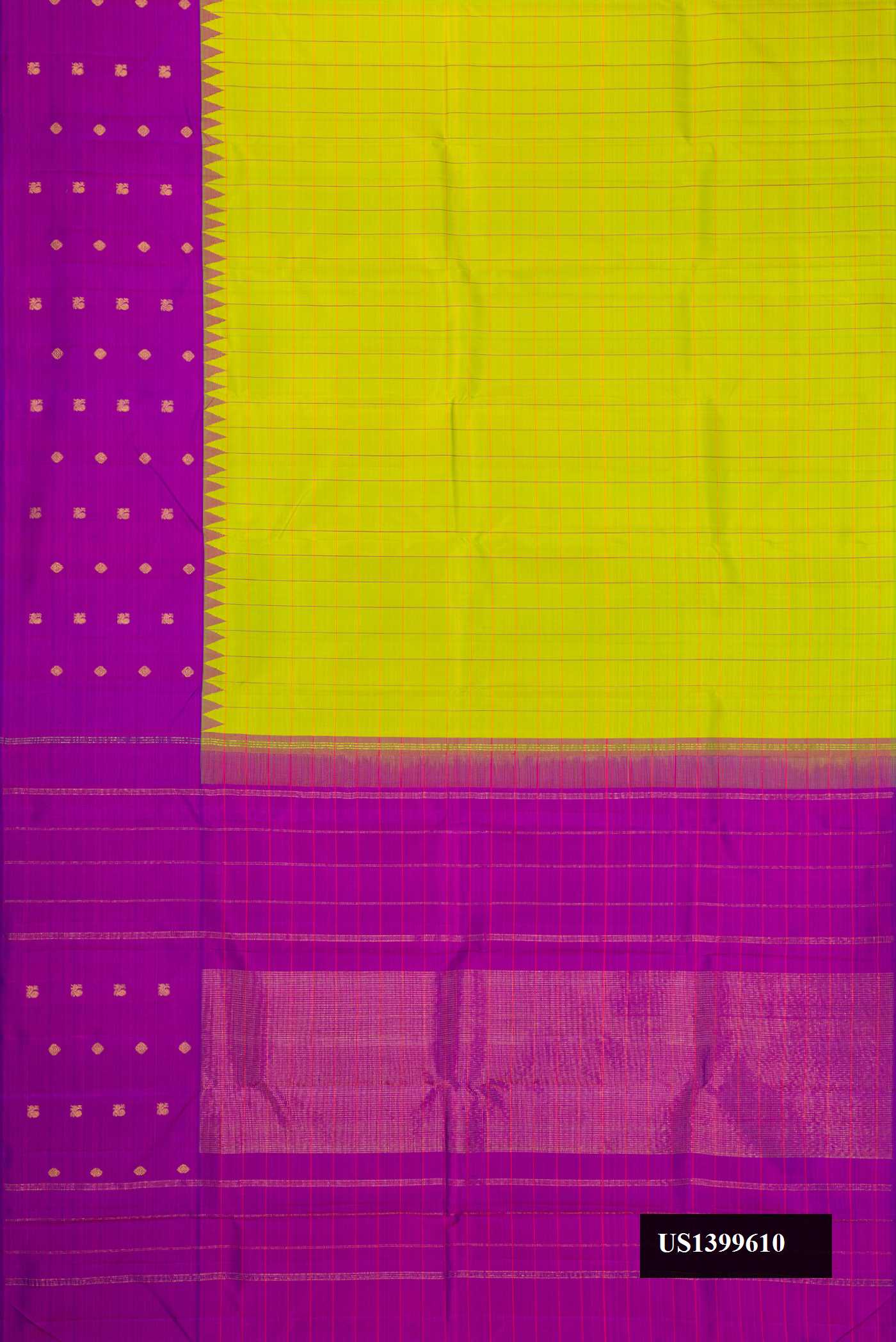 Parrot Green Dual Tone Kanchipuram Silk Saree with Checked design on the body and Fancy Border.  displayed on a mannequin