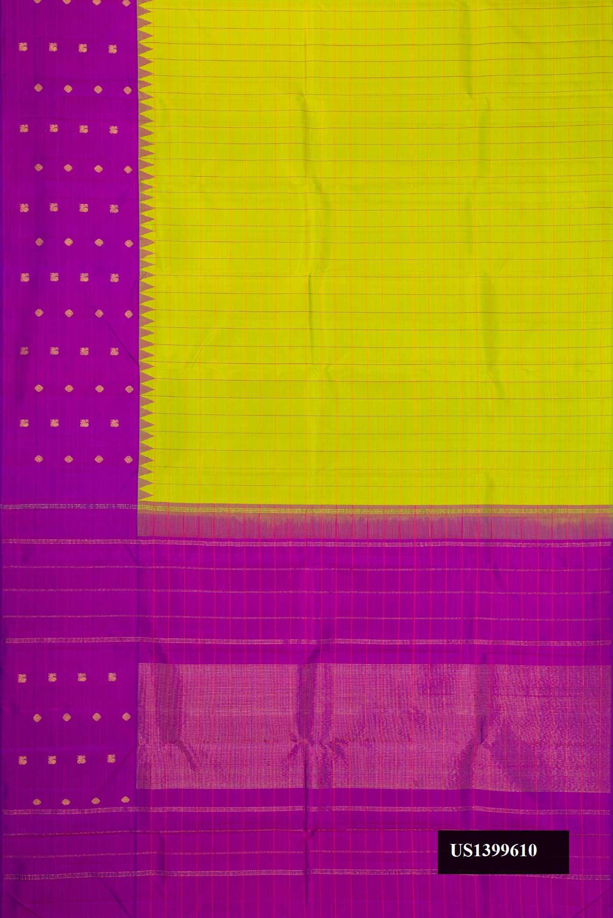 Parrot Green Dual Tone Kanchipuram Silk Saree with Checked design on the body and Fancy Border.  displayed on a mannequin