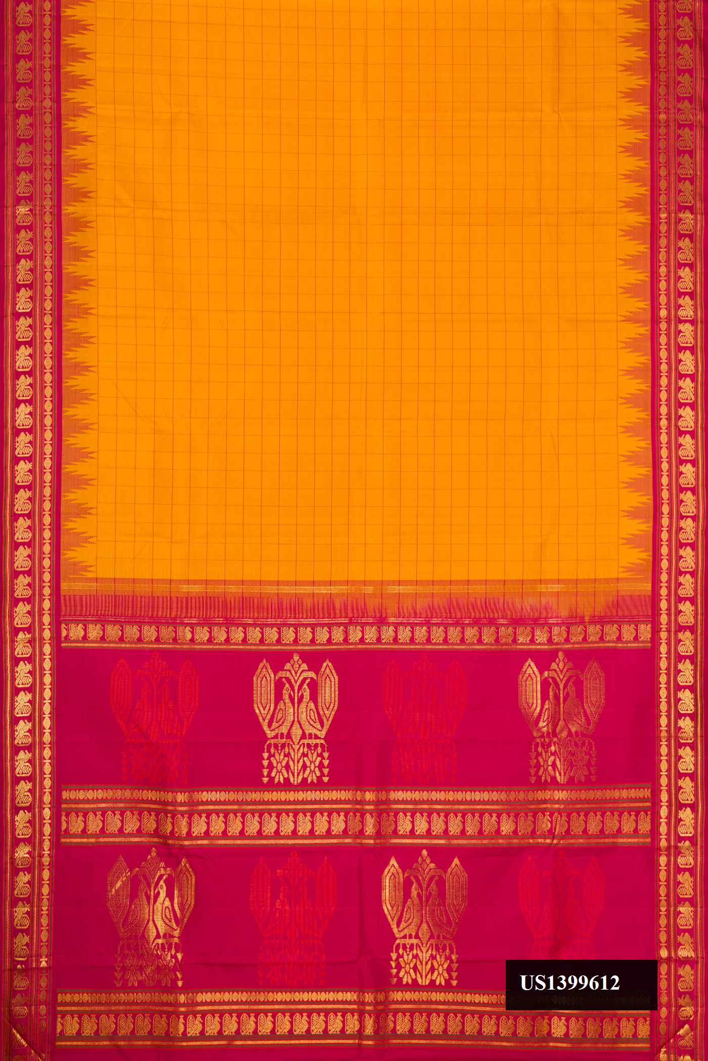 Mustard Dual Tone Kanchipuram Silk Saree with Checked design on the body and Fancy Border.  displayed on a mannequin