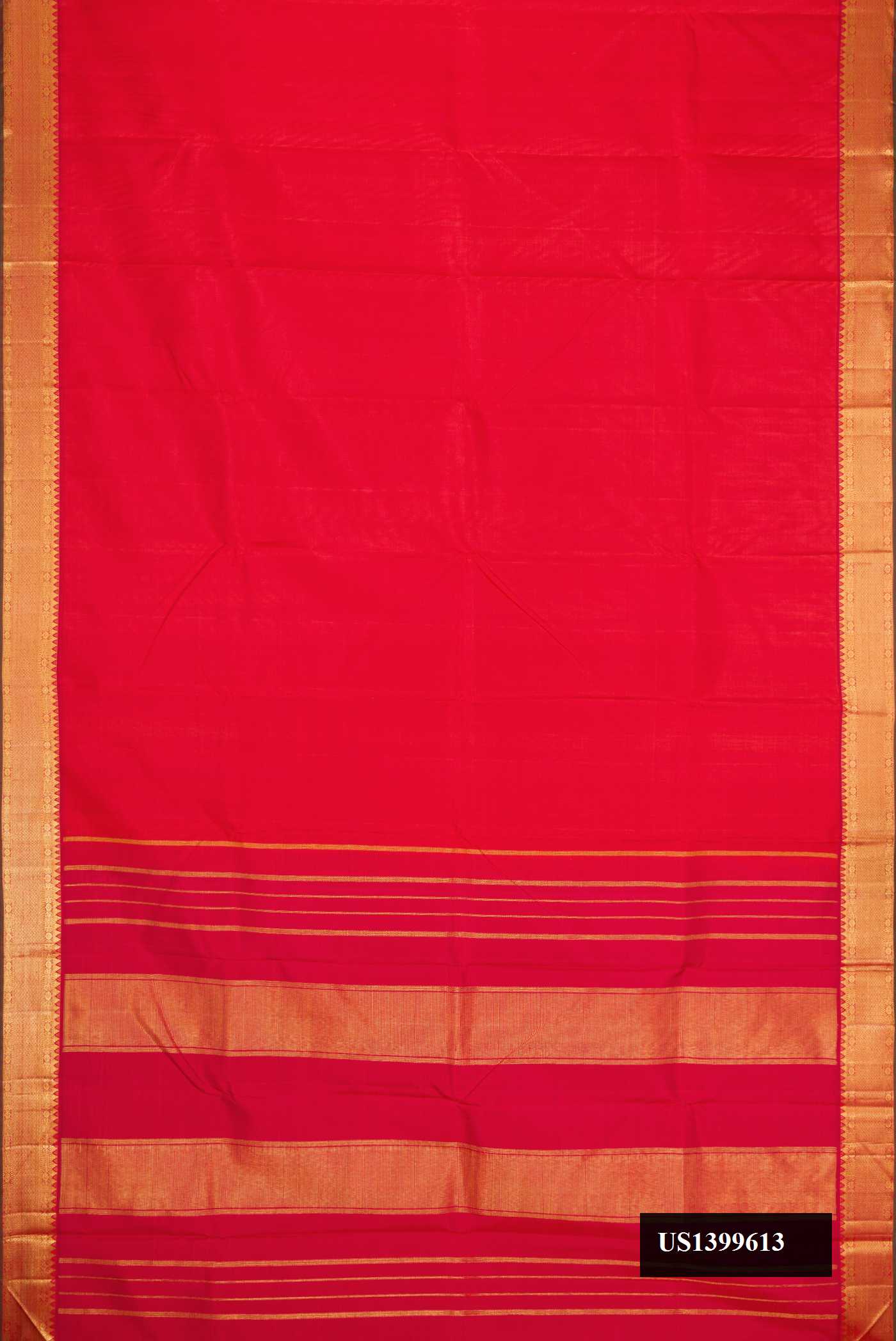 Red Dual Tone Kanchipuram Silk Saree with Zari Butta on the body and Zari Border.  displayed on a mannequin