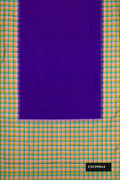 Royal Blue Dual Tone Kanchipuram Silk Saree with Plain Body and Checks Border.  displayed on a mannequin