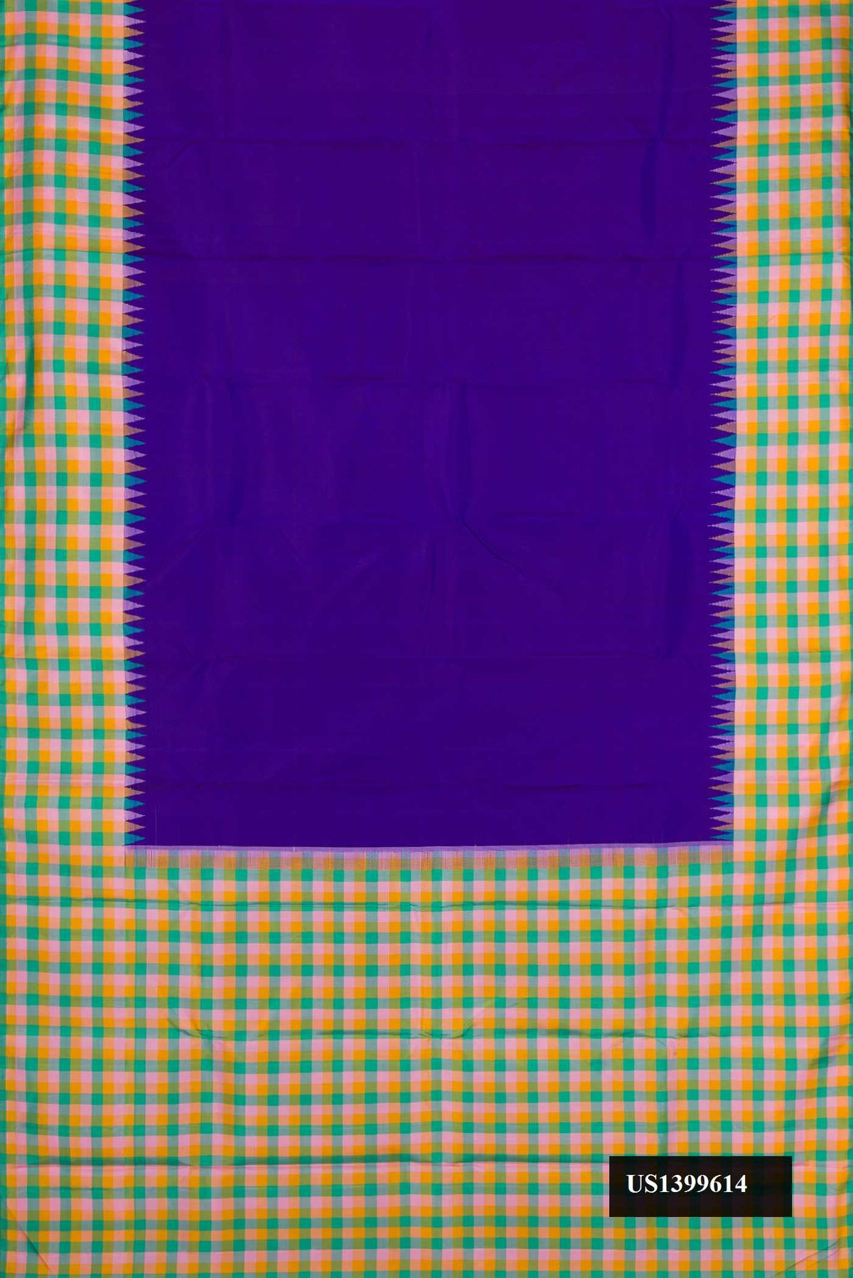 Royal Blue Dual Tone Kanchipuram Silk Saree with Plain Body and Checks Border.  displayed on a mannequin