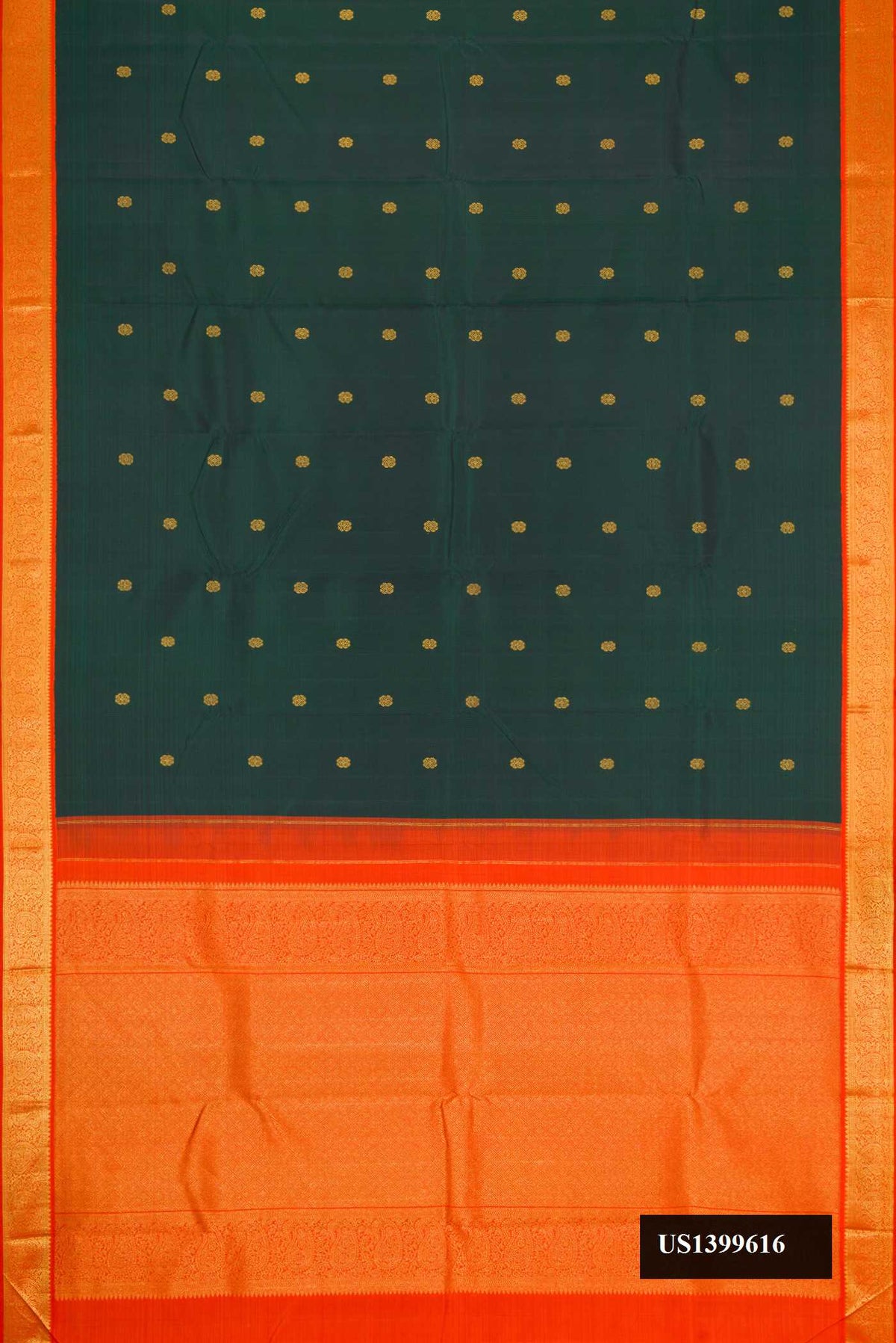Bottle Green Dual Tone Kanchipuram Silk Saree with Zari Butta on the body and Zari Border.  displayed on a mannequin