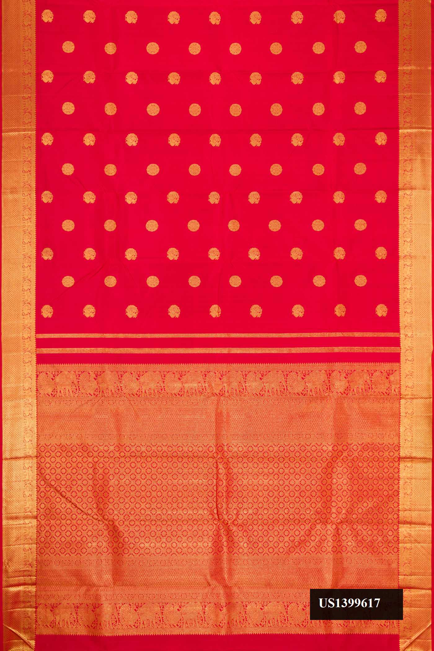 Red Dual Tone Kanchipuram Silk Saree with Zari Butta on the body and Zari Border.  displayed on a mannequin
