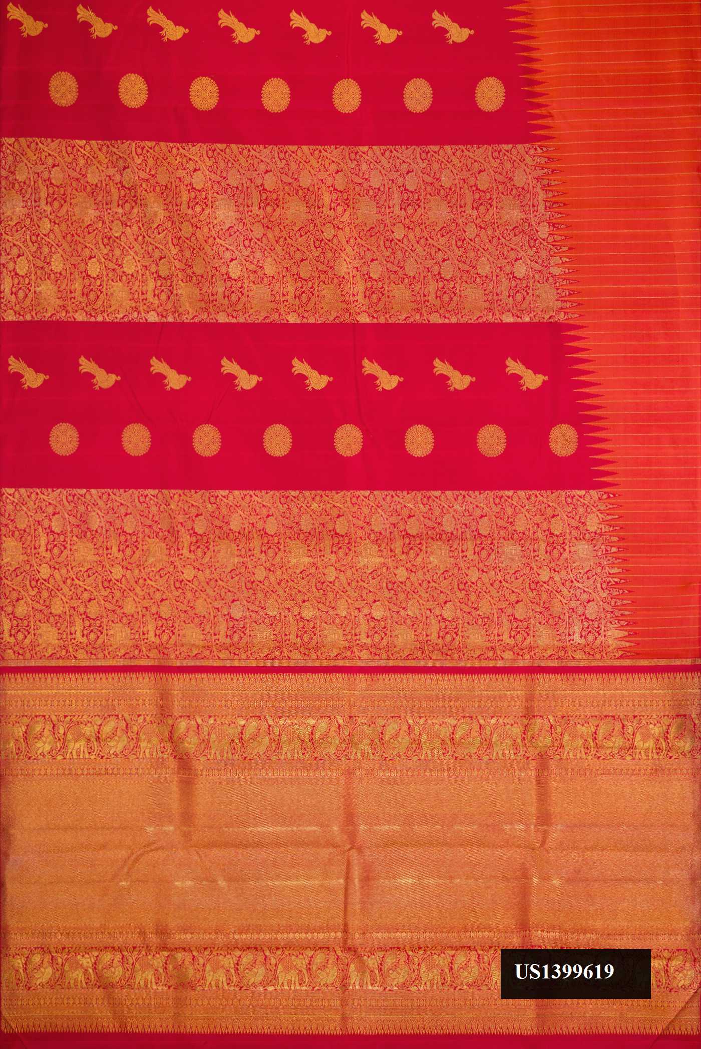 Maroon Dual Tone Kanchipuram Silk Saree with Zari Butta on the body and Rising Temple Border.  displayed on a mannequin