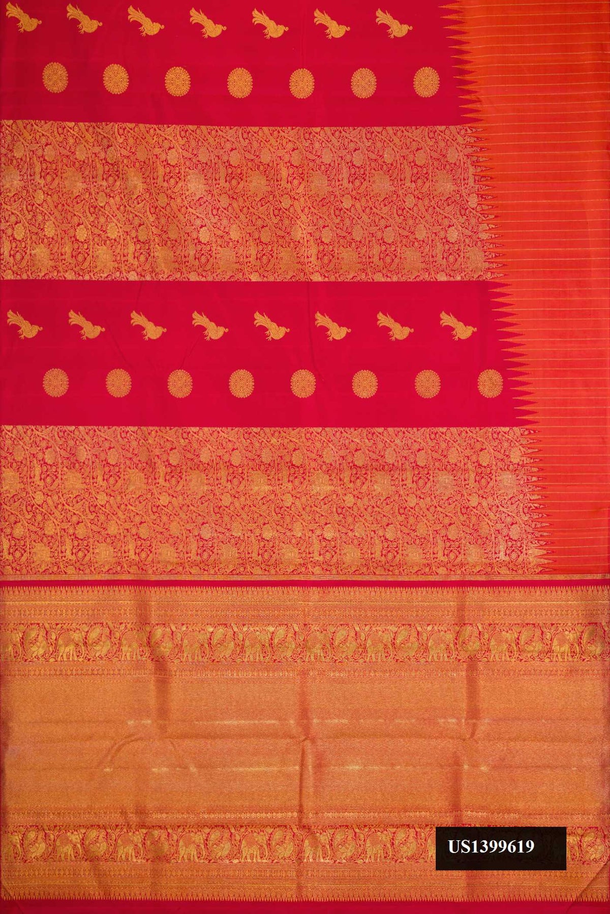Maroon Dual Tone Kanchipuram Silk Saree with Zari Butta on the body and Rising Temple Border.  displayed on a mannequin