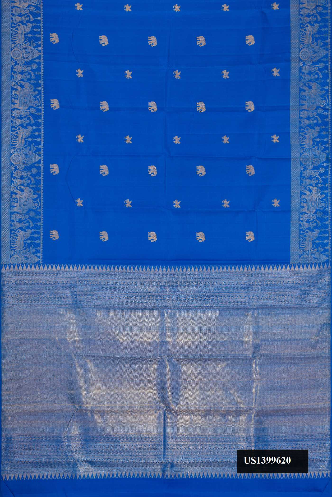 Royal Blue Dual Tone Kanchipuram Silk Saree with Zari Butta on the body and Zari Border.  displayed on a mannequin