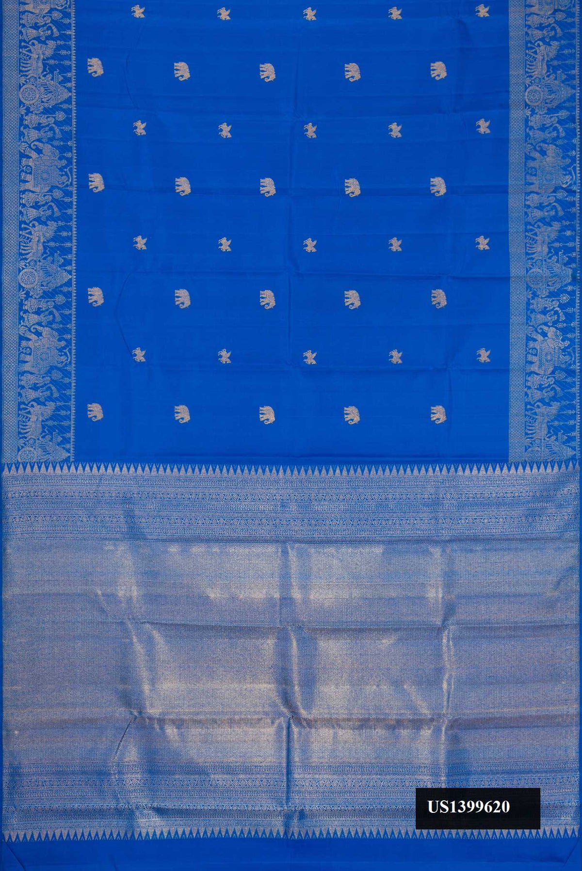 Royal Blue Dual Tone Kanchipuram Silk Saree with Zari Butta on the body and Zari Border.  displayed on a mannequin