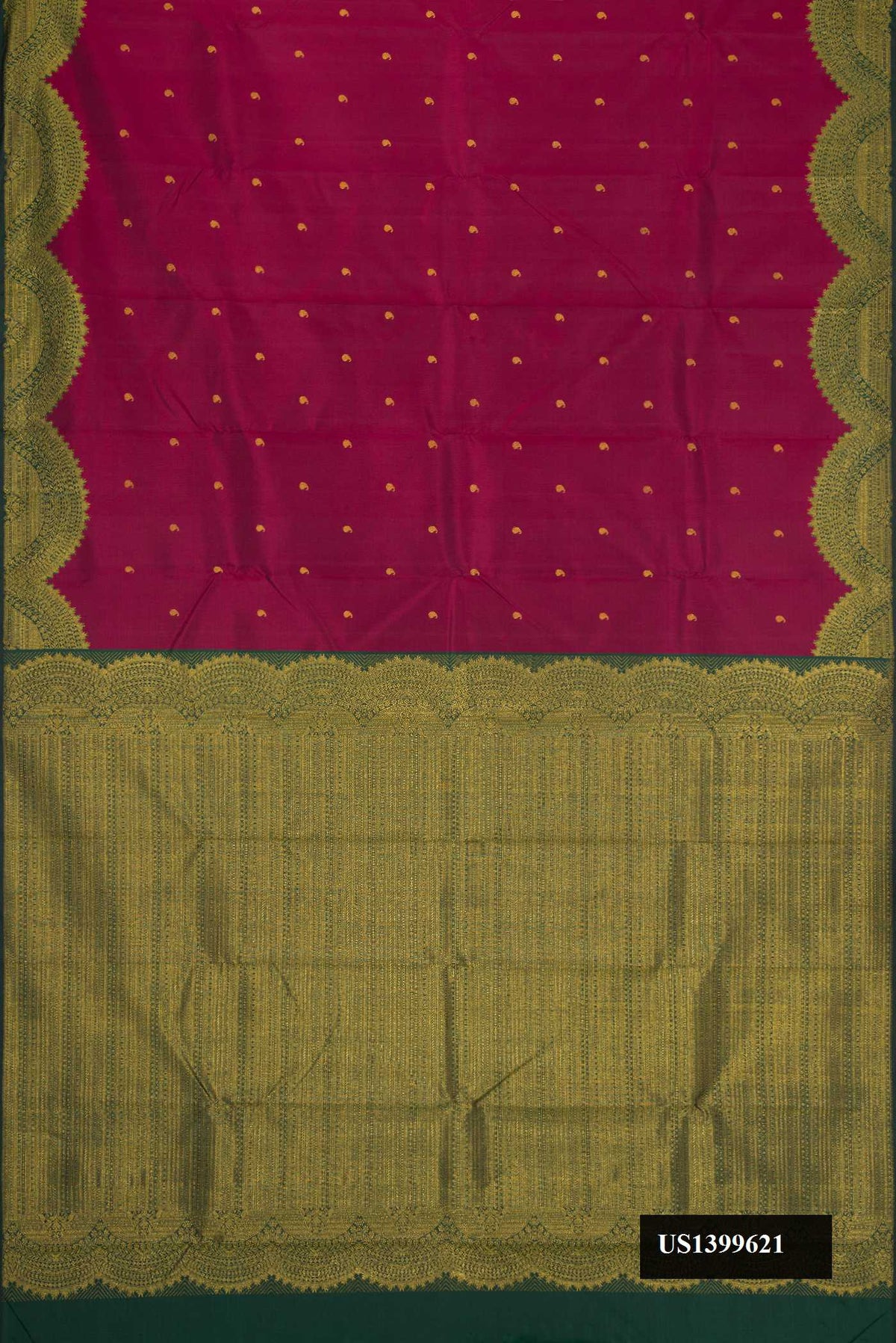 Purple Dual Tone Kanchipuram Silk Saree with Zari Butta on the body and Fancy Border.  displayed on a mannequin