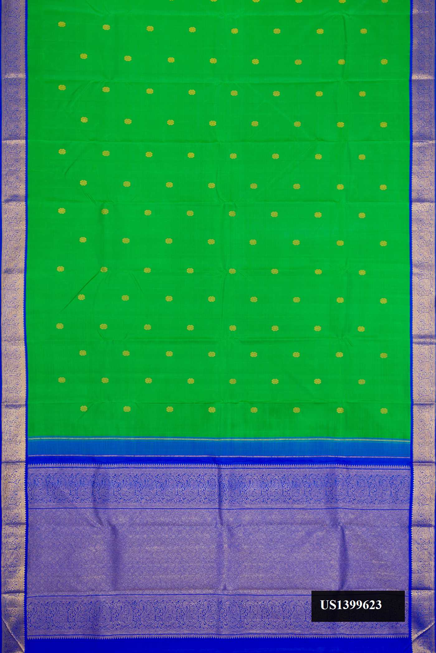 Parrot Green Dual Tone Kanchipuram Silk Saree with Zari Butta on the body and Zari Border.  displayed on a mannequin