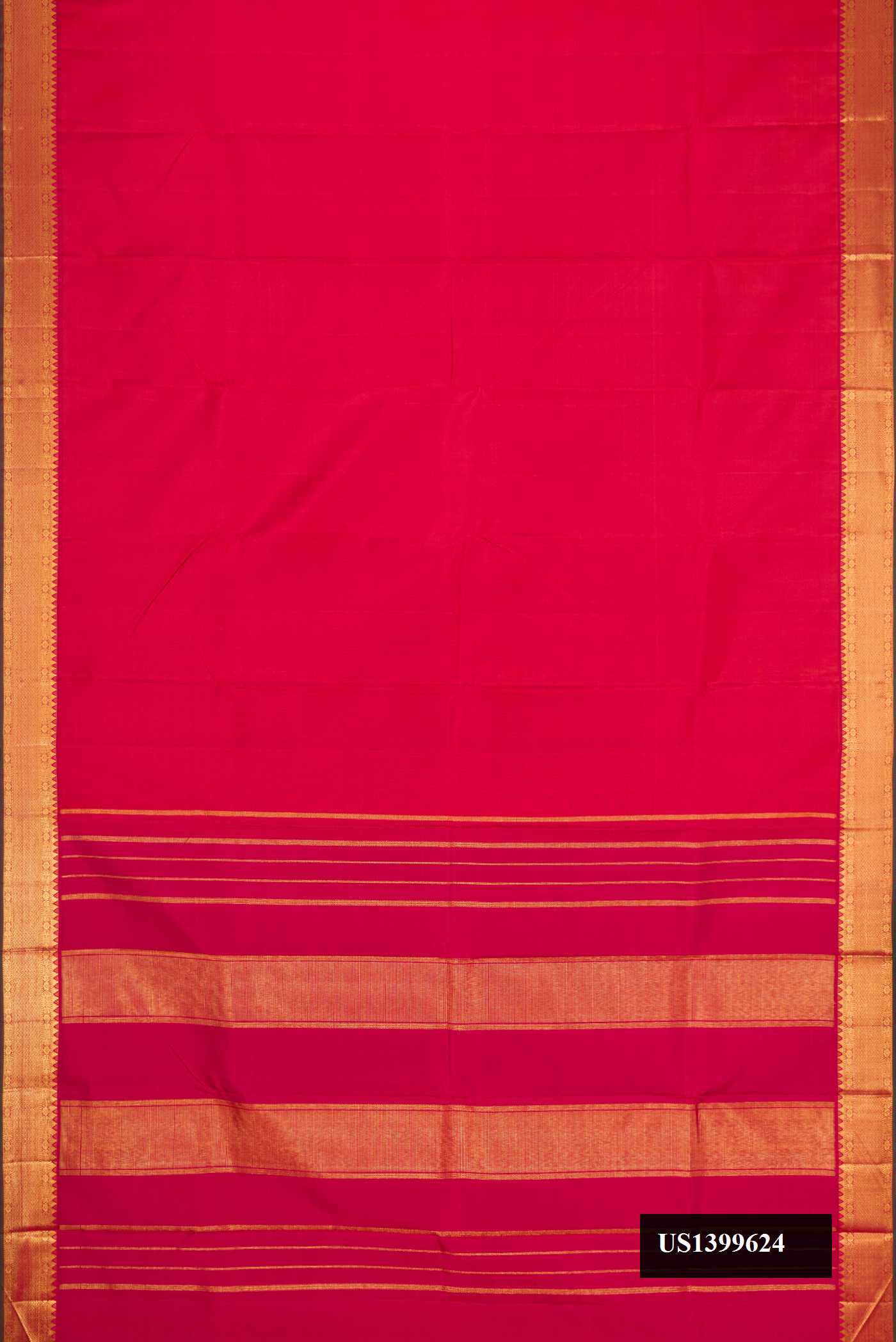 Red Dual Tone Kanchipuram Silk Saree with Zari Butta on the body and Zari Border.  displayed on a mannequin