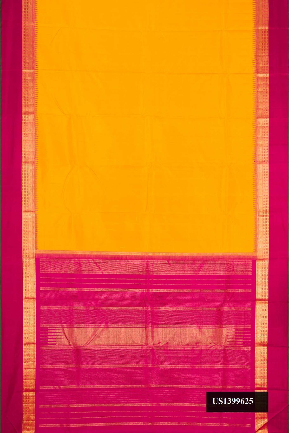 Yellow Dual Tone Kanchipuram Silk Saree with Zari Butta on the body and Zari Border.  displayed on a mannequin