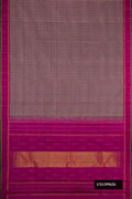 Blue Grey Dual Tone Kanchipuram Silk Saree with Stripes on the body and Zari Border.  displayed on a mannequin