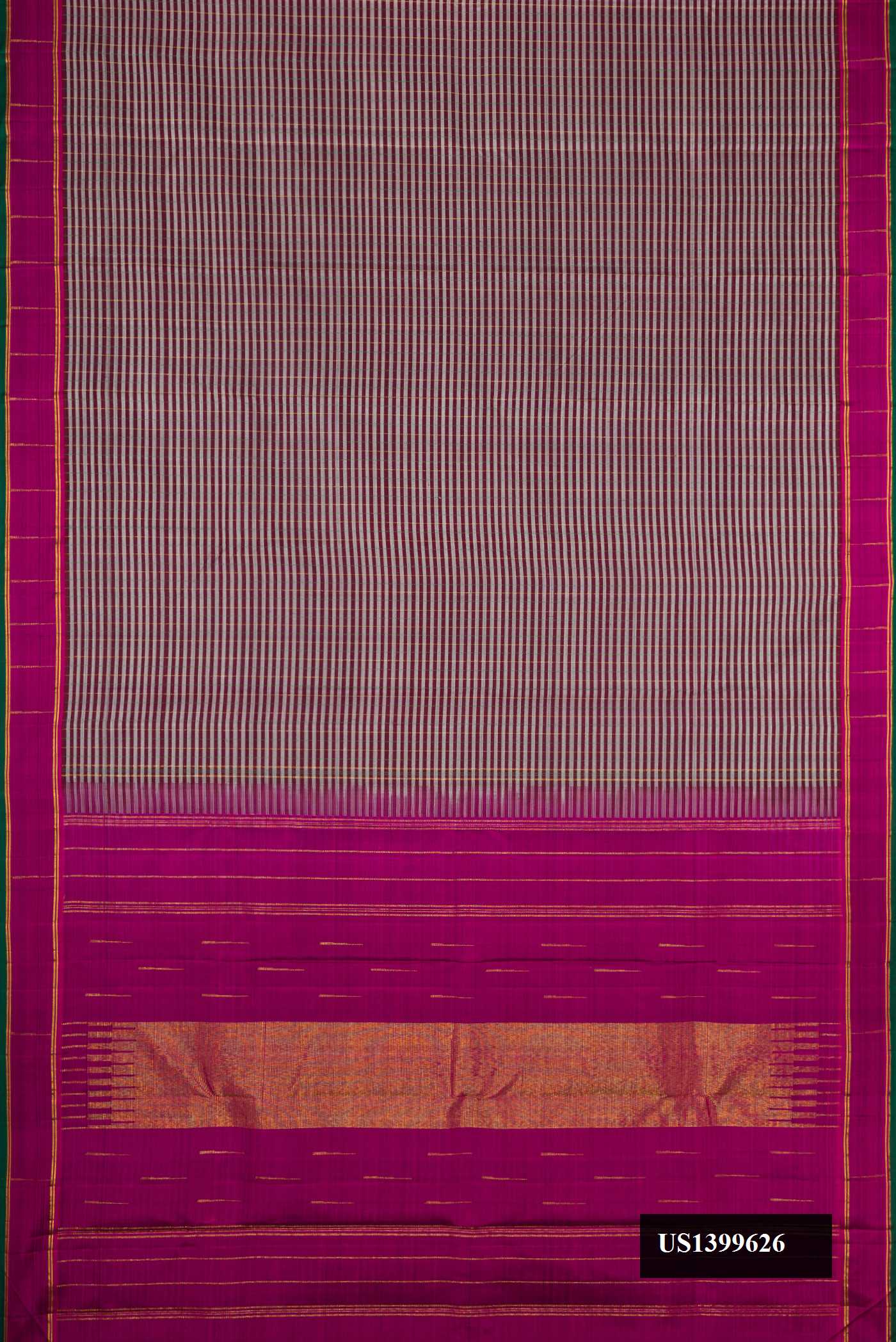 Blue Grey Dual Tone Kanchipuram Silk Saree with Stripes on the body and Zari Border.  displayed on a mannequin