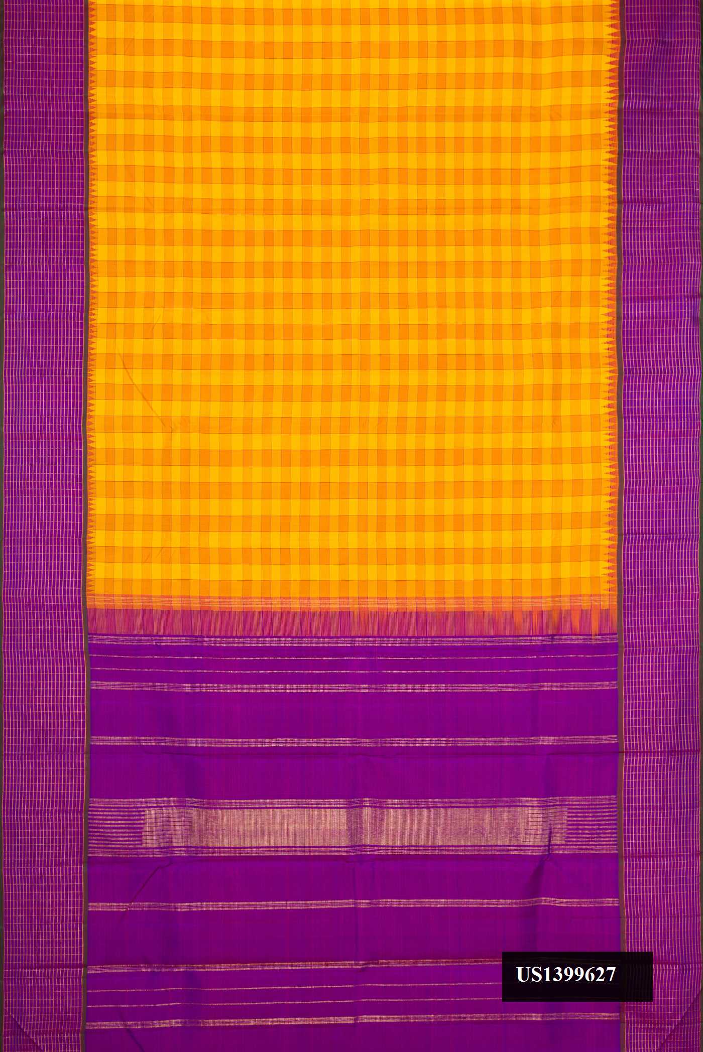 Mustard Dual Tone Kanchipuram Silk Saree with Checked design on the body and Checks Border.  displayed on a mannequin