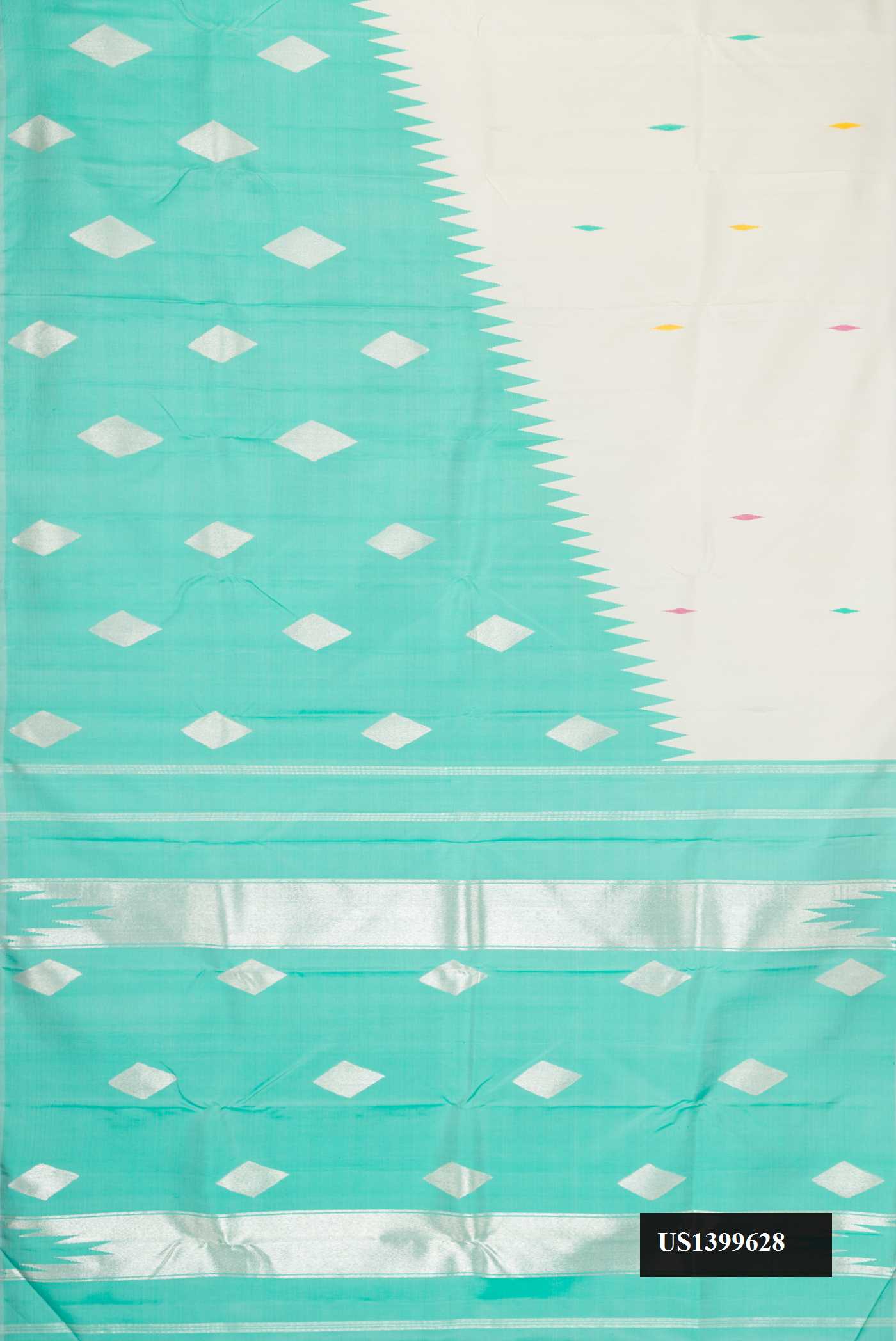 Off White Dual Tone Kanchipuram Silk Saree with Zari And Thread Butta on the body and Rising Temple Border.  displayed on a mannequin