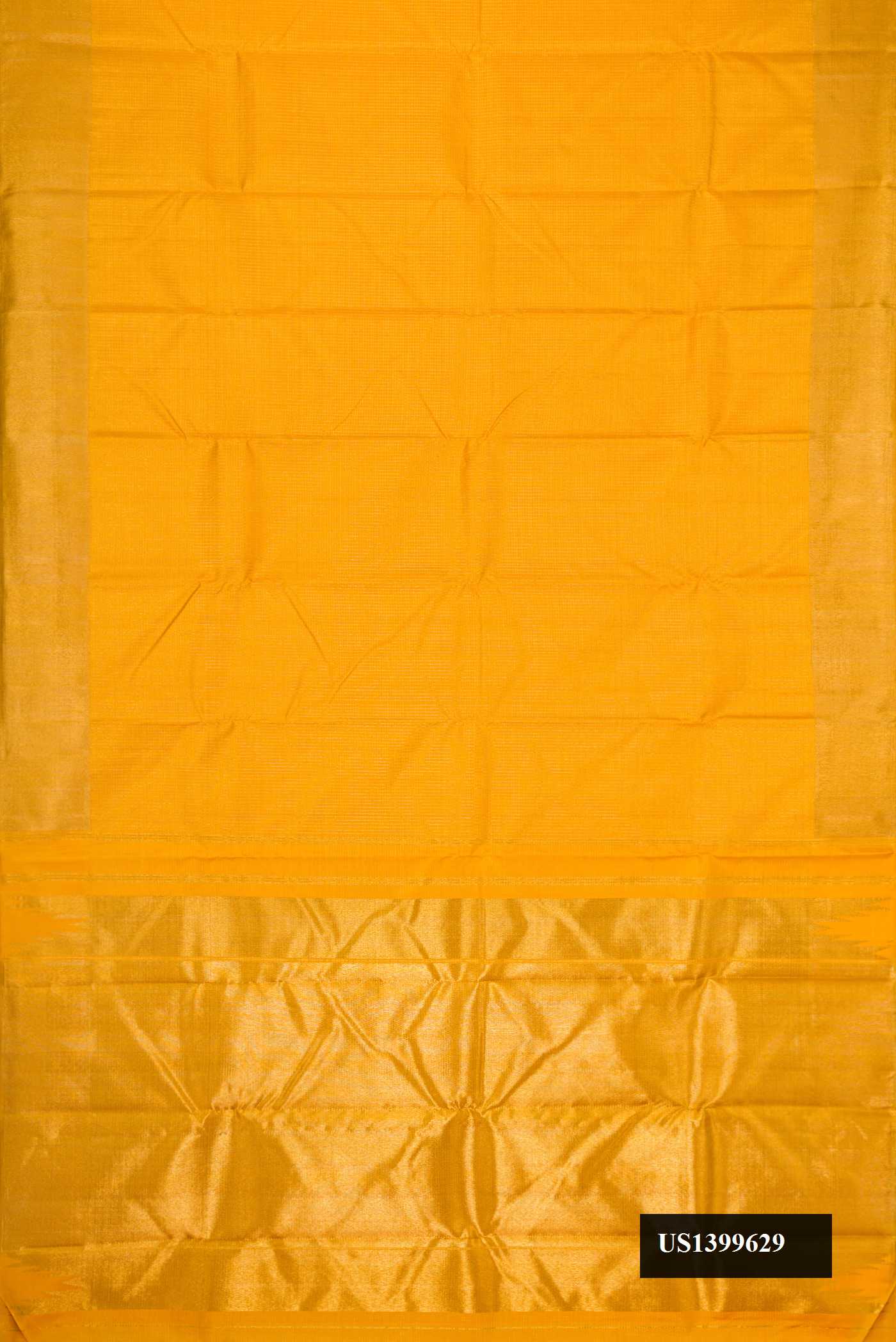 Mustard Dual Tone Kanchipuram Silk Saree with Checked design on the body and Zari Border.  displayed on a mannequin