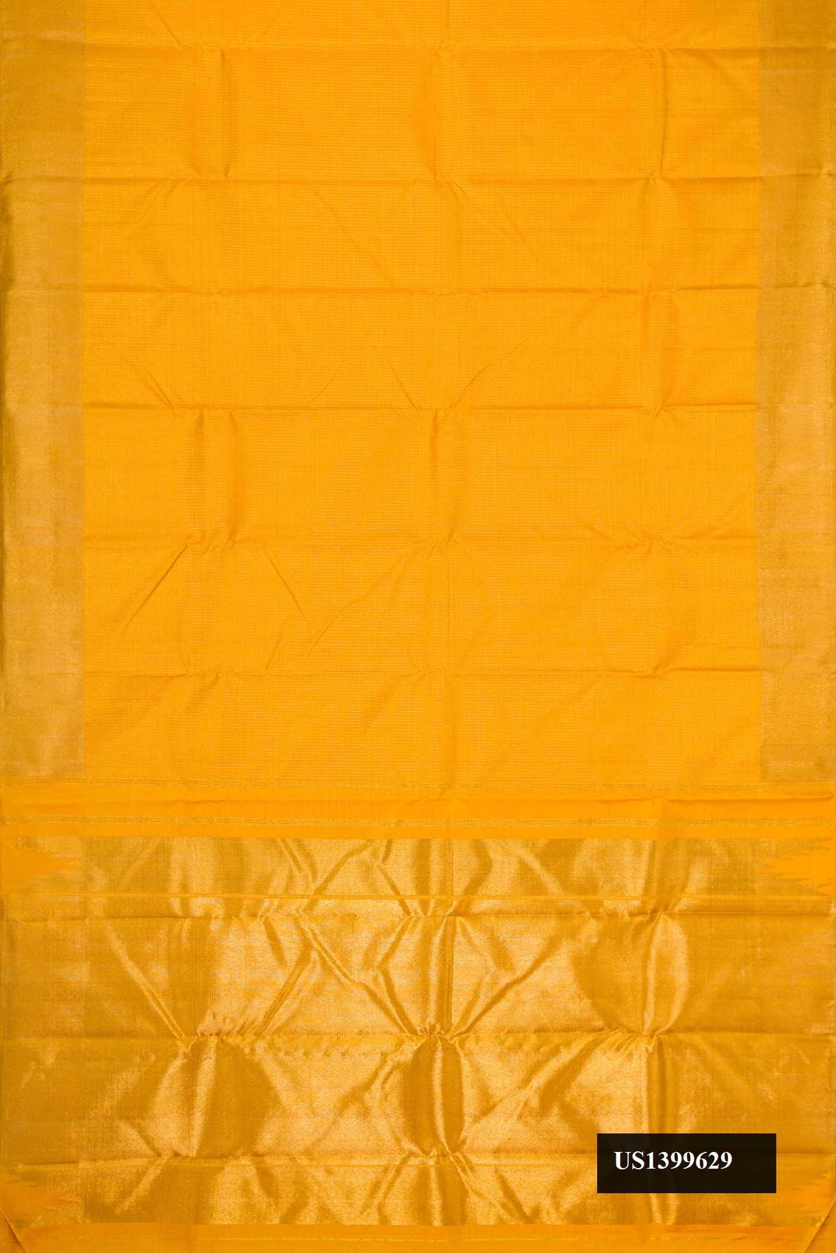 Mustard Dual Tone Kanchipuram Silk Saree with Checked design on the body and Zari Border.  displayed on a mannequin