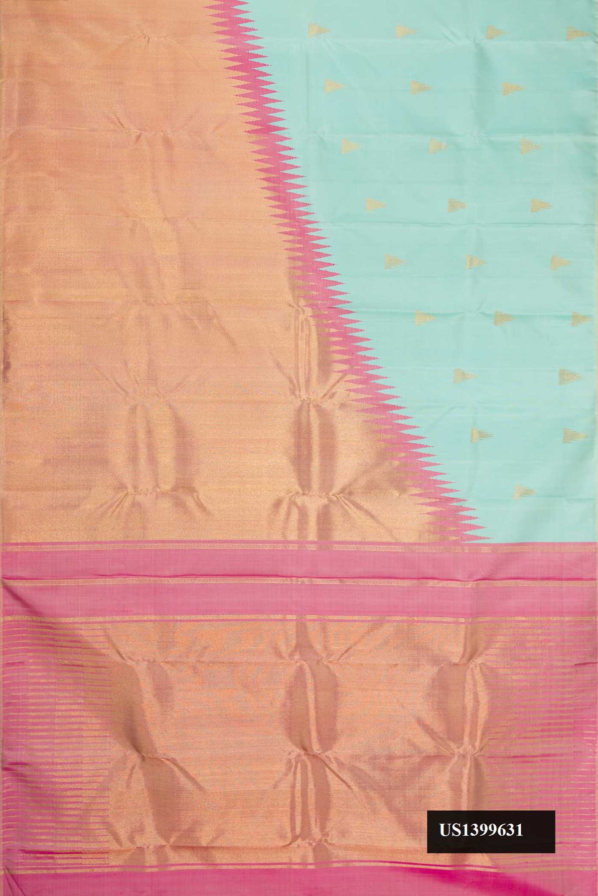 Sea Green Dual Tone Kanchipuram Silk Saree with Zari Butta on the body and Rising Temple Border.  displayed on a mannequin