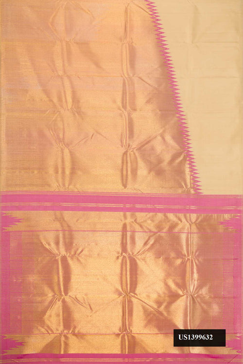 Beige Dual Tone Kanchipuram Silk Saree with Plain Body and Rising Temple Border.  displayed on a mannequin
