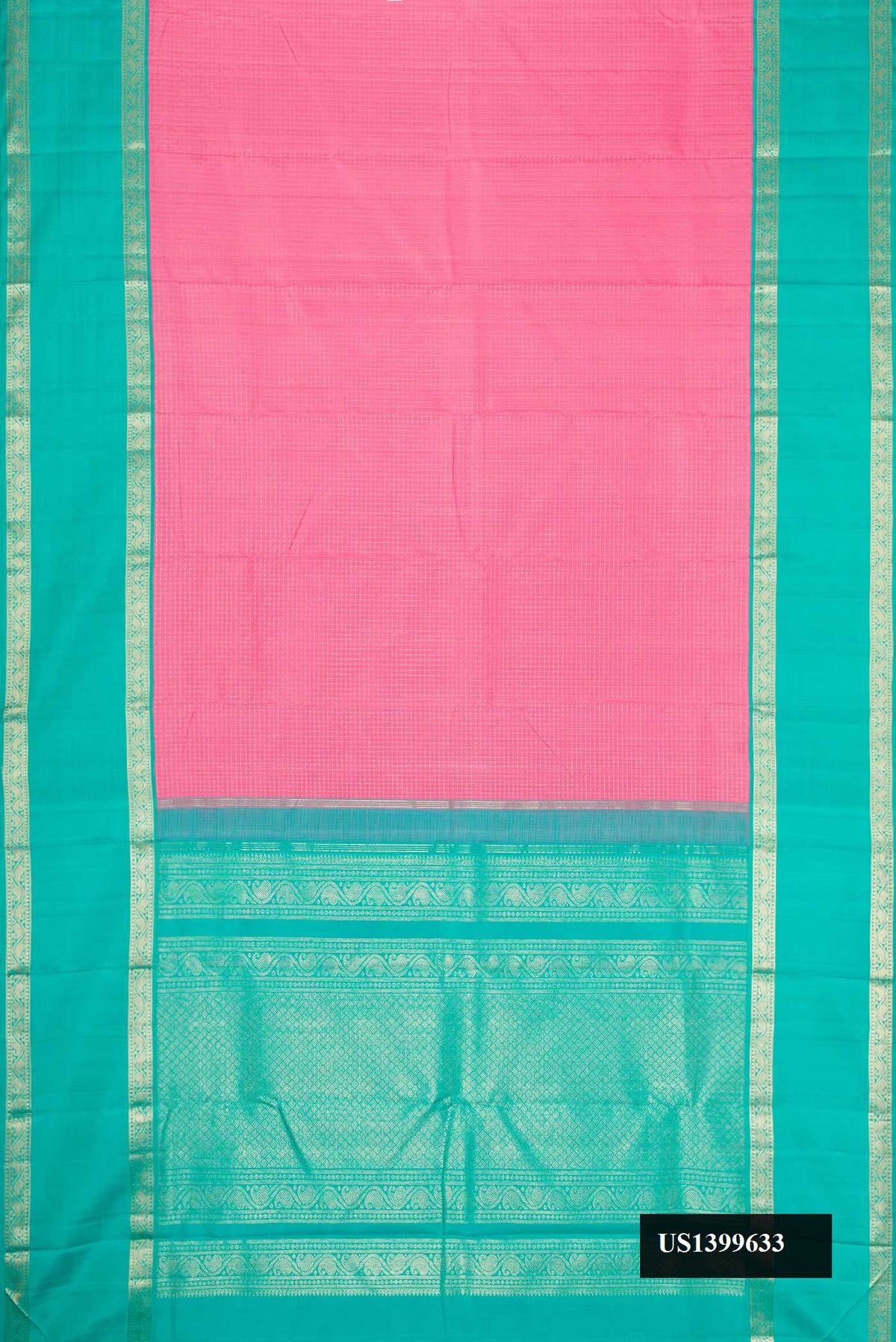 Pink Dual Tone Kanchipuram Silk Saree with Checked design on the body and Zari Border.  displayed on a mannequin