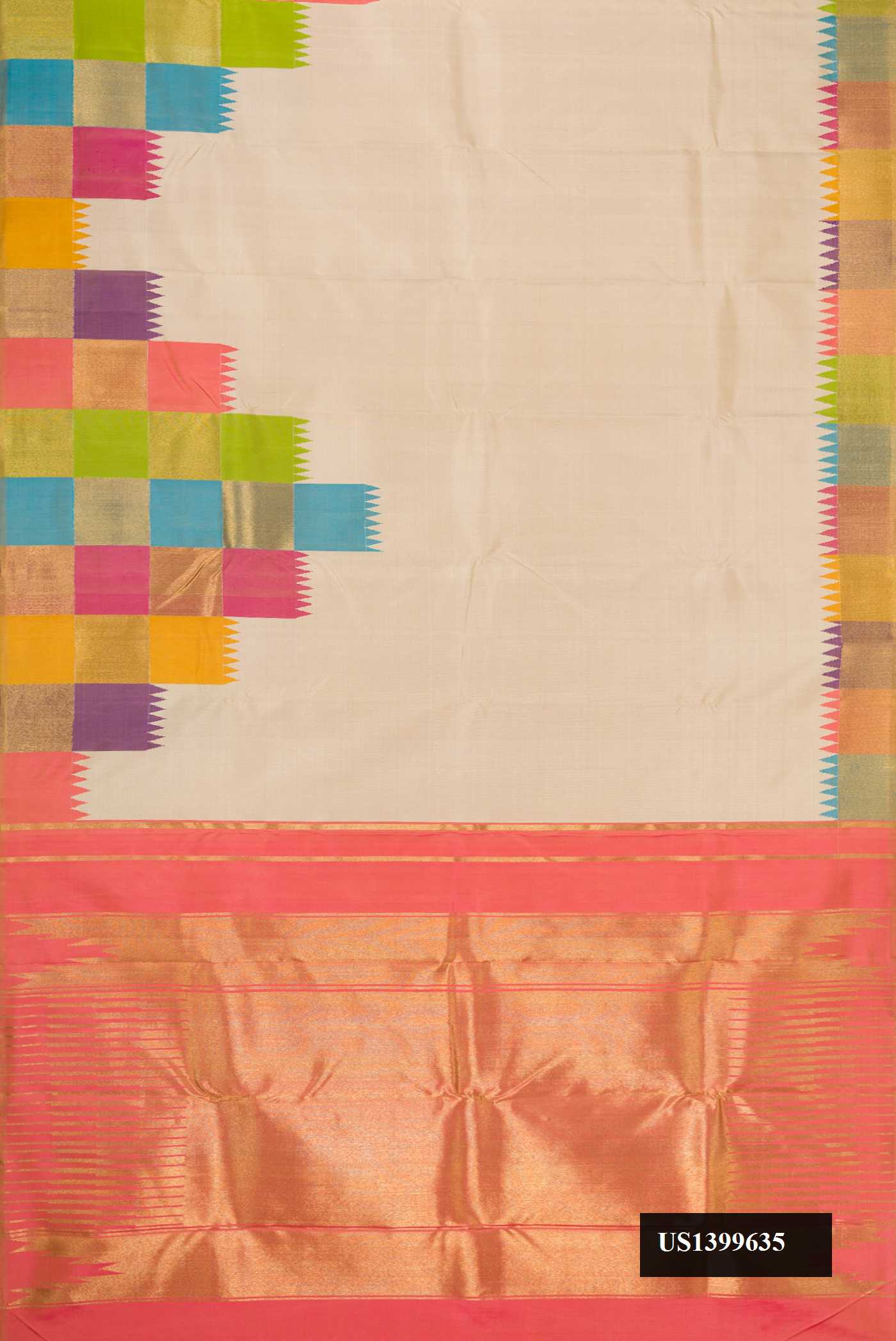 Sandal Dual Tone Kanchipuram Silk Saree with Plain Body and Fancy Border.  displayed on a mannequin