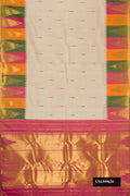 Sandal Dual Tone Kanchipuram Silk Saree with Thread Butta on the body and Temple Border.  displayed on a mannequin