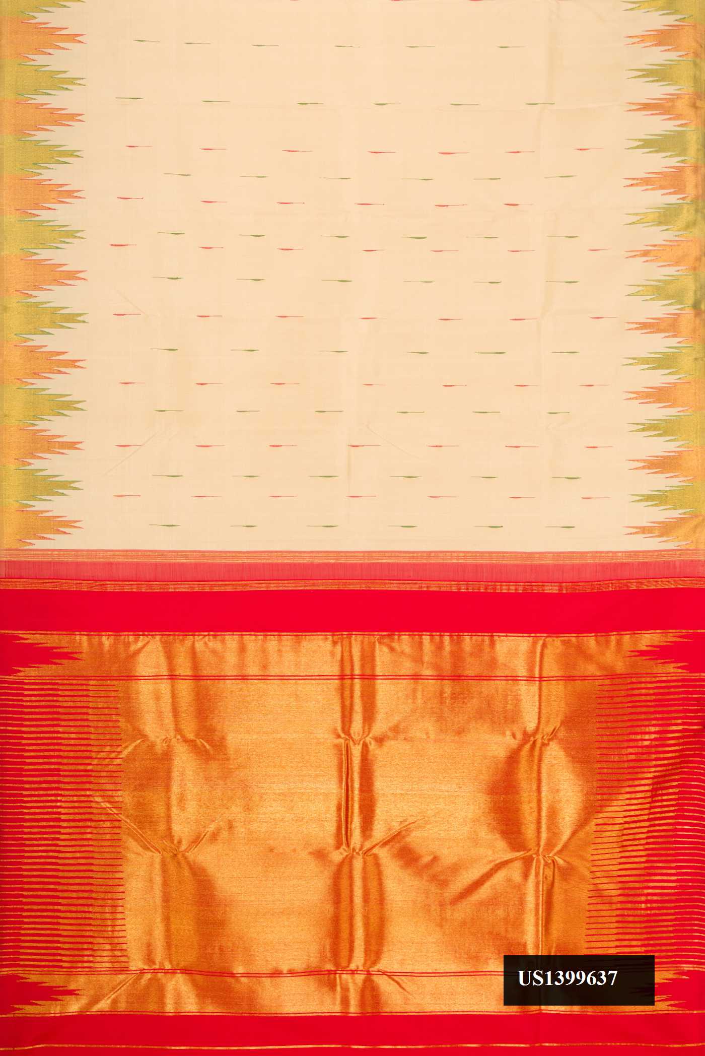 Beige Dual Tone Kanchipuram Silk Saree with Thread Butta on the body and Temple Border.  displayed on a mannequin