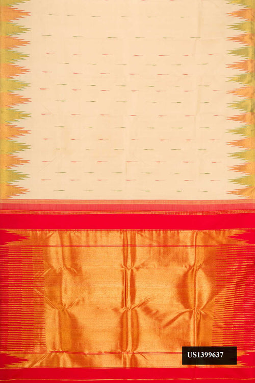 Beige Dual Tone Kanchipuram Silk Saree with Thread Butta on the body and Temple Border.  displayed on a mannequin