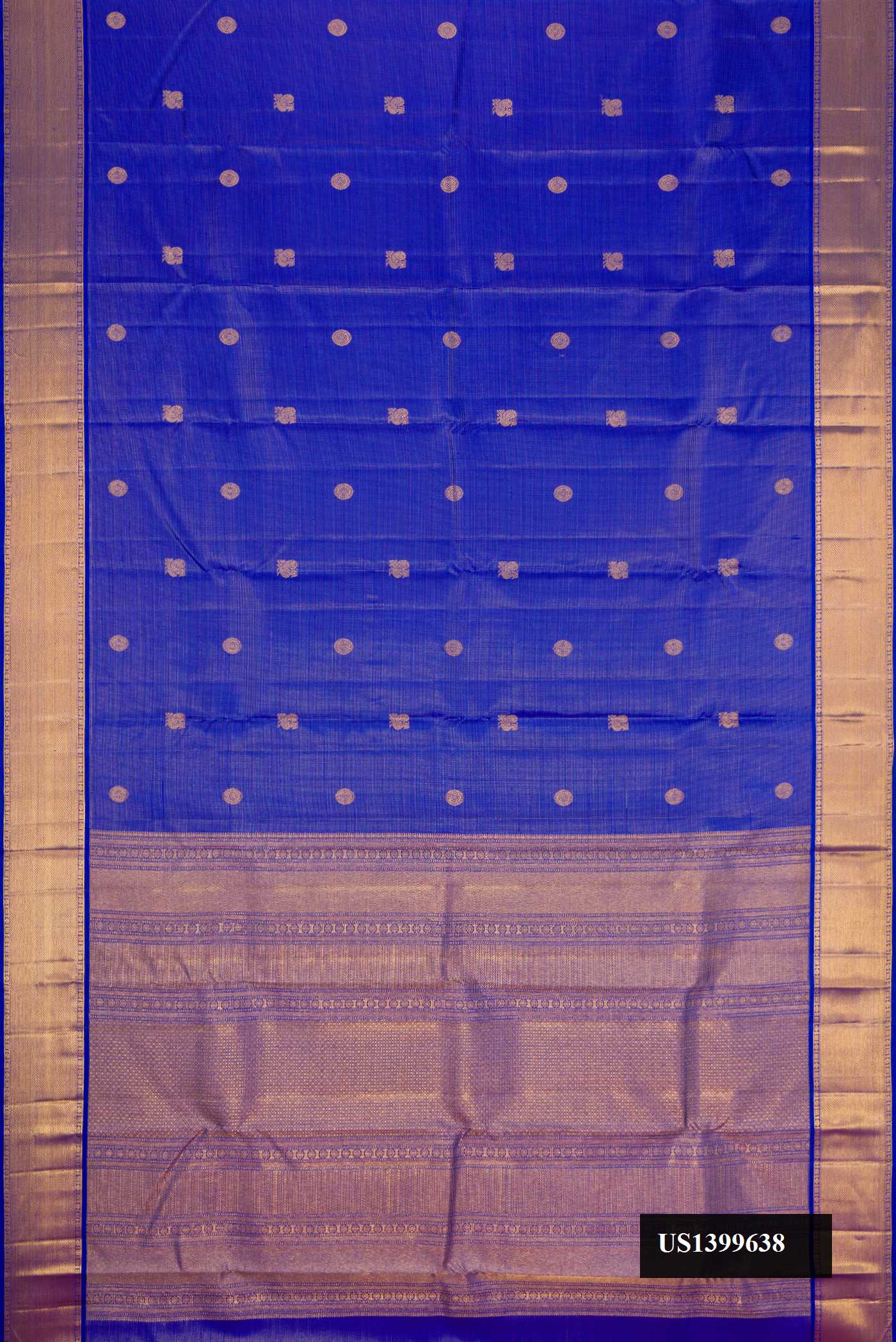 Royal Blue Dual Tone Kanchipuram Silk Saree with Stripes on the body and Zari Border.  displayed on a mannequin